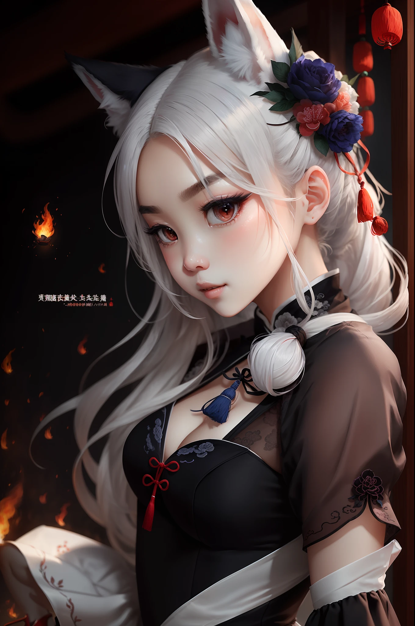 1girll,独奏,long whitr hair,whaite hair,fox ear,Blushlush,Chubby toot,(Perfect body 1.3)sexy dress,tmasterpiece,(Fidelity:1.4),Perfect body,Beautiful face with details,full bodyesbian,shoe,long eyebrow,The large,adorable eyes,电影灯光, 电影灯光,intense contrast,High level of detail,Best quality at best,tmasterpiece,Chinese style,Halfway portrait,show the grinps,Straight teeth