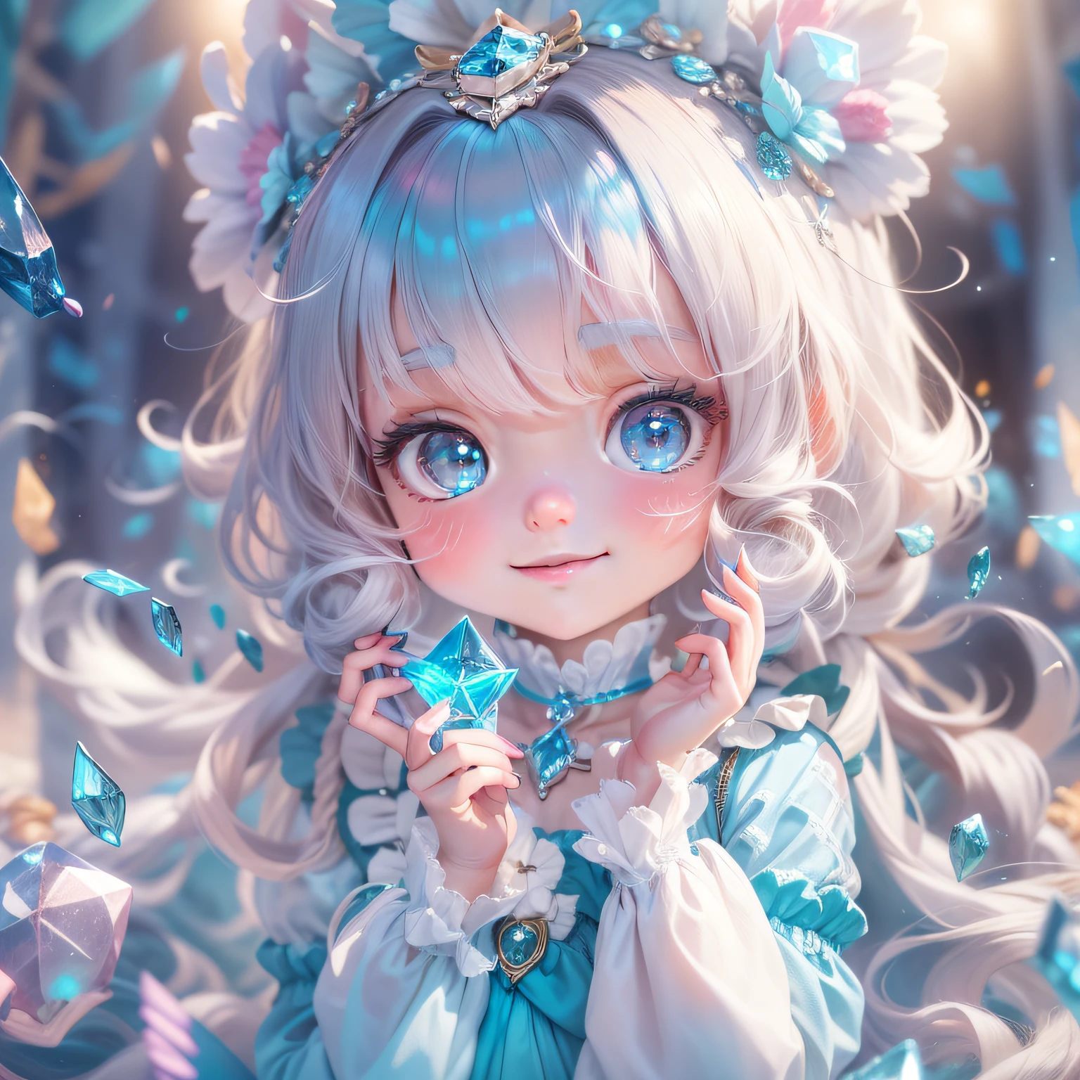 (sandbox:1.4),in a panoramic view,Solo, full bodyesbian,tchibi,Cute girl, ,wearing blue dress,Panoramic view,Delicate headgear,ssmile,Rococo style,Material de vidro,crystal material,extremely detaile, Cinematic lighting effects,4K,tmasterpiece,offcial art