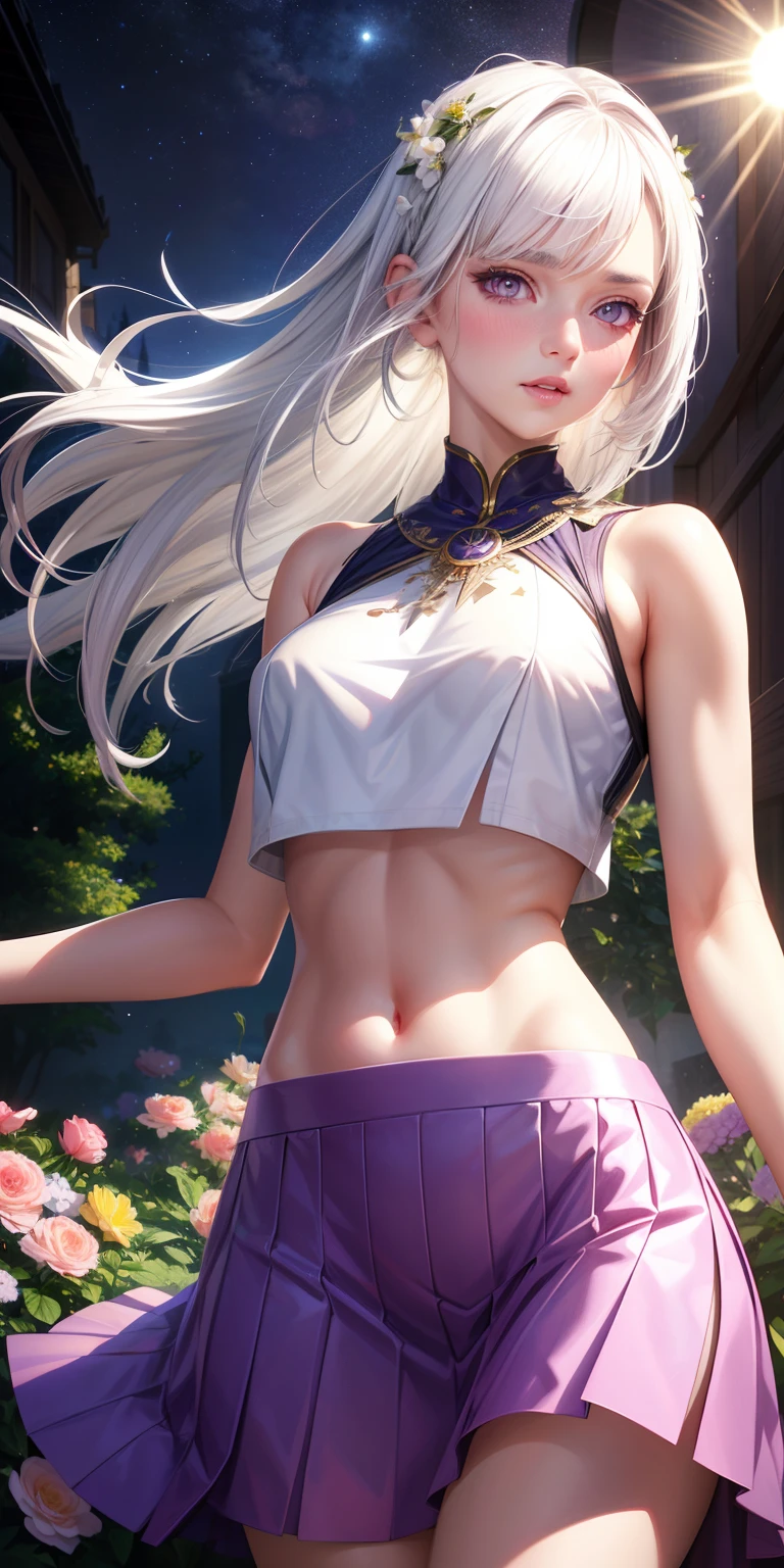 realistic, 1girl, white hair, purple eyes, glowing eyes, crop top, skirt, parted lips, blush, night, flowers, sun, sunlight,