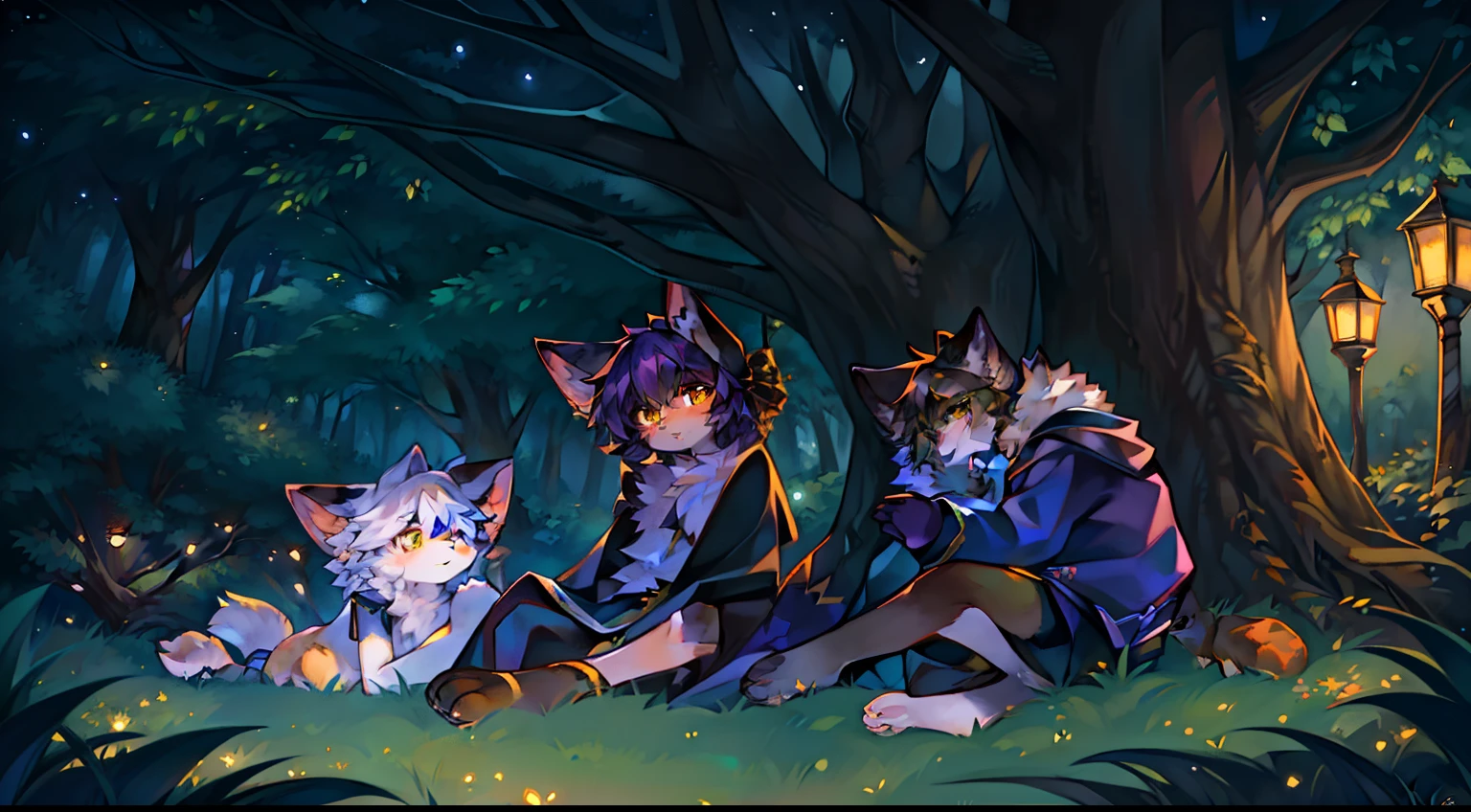 There are three cats sitting under a tree in the woods, cozy night fireflies, night in the forest, official fanart, Detailed fanart, commissions for, commission for high resolution, Evening parties, In the forest at night, warrior cats fan art, very very beautiful furry art, Furry art!!!, commission on furaffinity, Evening!! In the forest, commission art