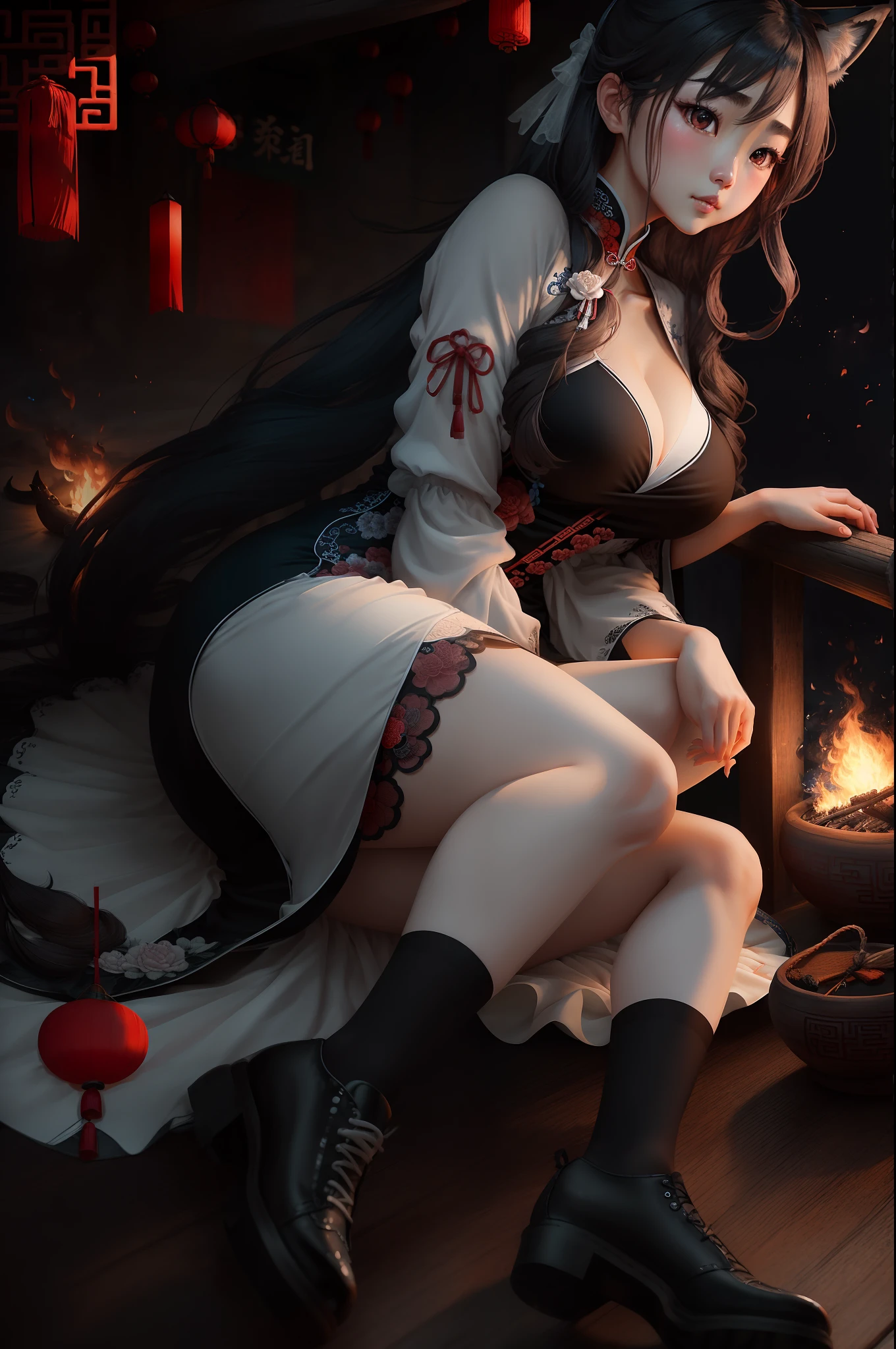 1girll,独奏,long whitr hair,whaite hair,fox ear,Blushlush,Chubby toot,(Perfect body 1.3)sexy dress,tmasterpiece,(Fidelity:1.4),Perfect body,Beautiful face with details,full bodyesbian,shoe,long eyebrow,The large,adorable eyes,电影灯光, 电影灯光,intense contrast,High level of detail,Best quality at best,tmasterpiece,Chinese style,Halfway portrait
Information