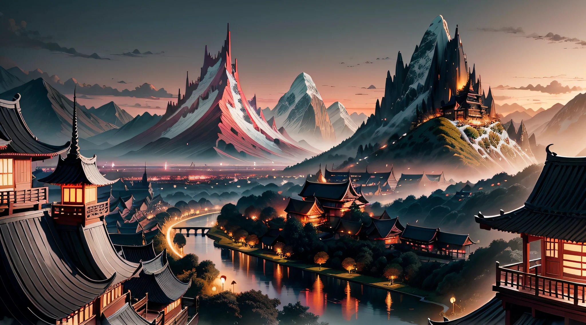 the night valley of asian village at sunset, in the style of fantasy-inspired art, dazzling cityscapes, loish, dark gray and red, kawacy, exotic landscapes, mountainous vistas