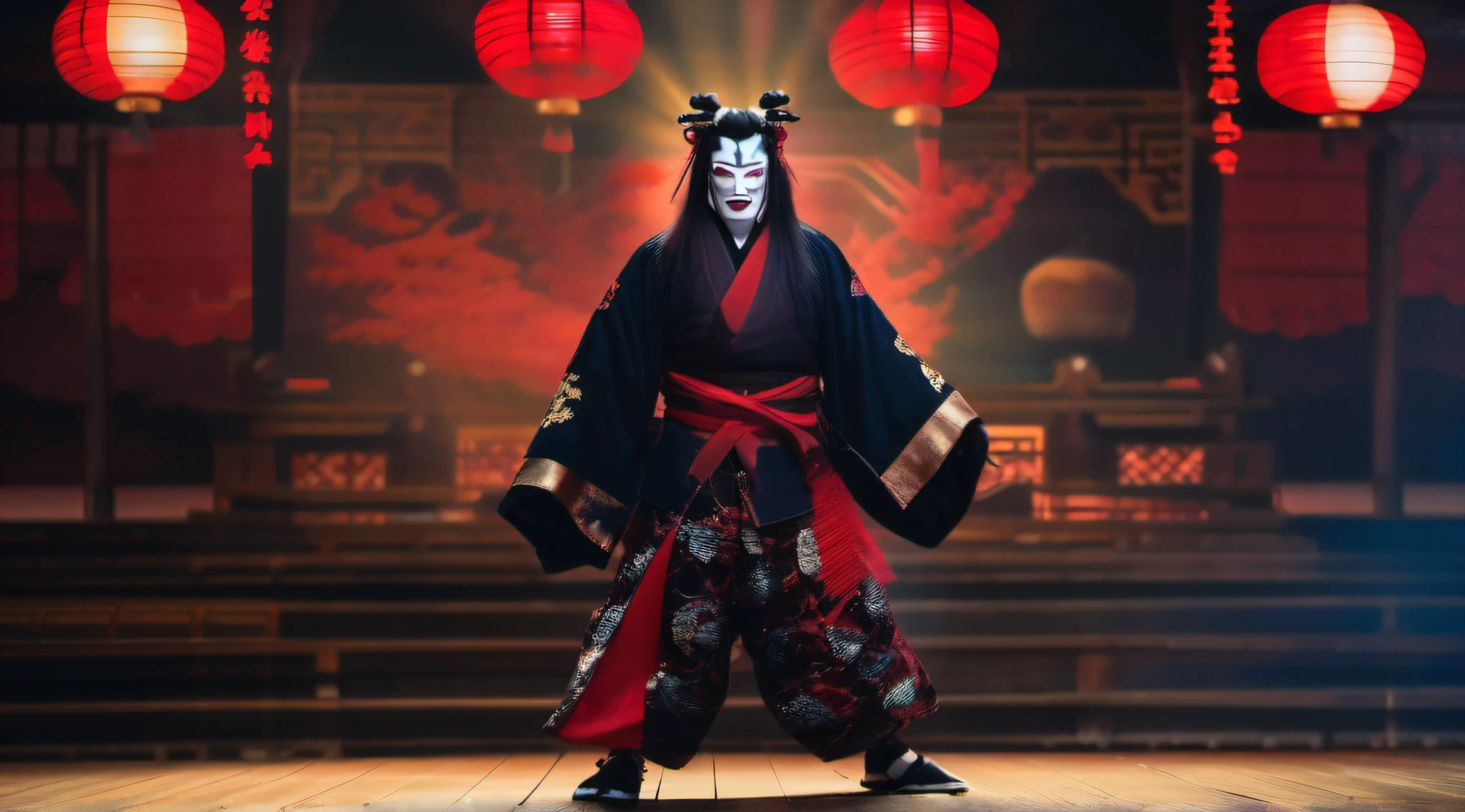 Kabukiza,Kabuki actor,ember,male people,Kime Pose,Long hair,Scary face,The background is the stage,a cool,realisitic,a picture,
