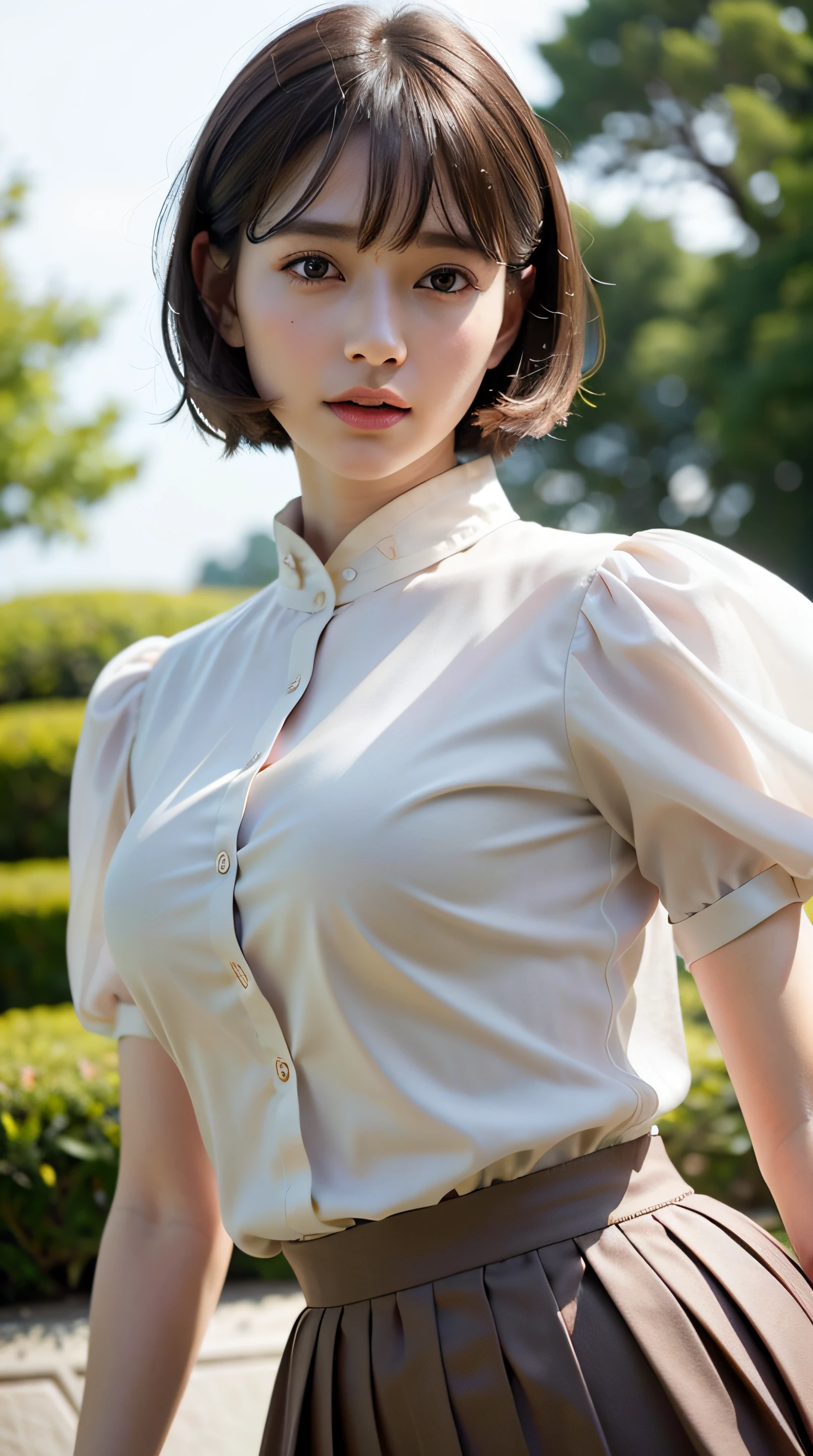 (Raw photo, Best Quality), (Realistic, Photorealsitic:1.3), masterpiece, Extremely delicate and beautiful, Soft light, (Brown hair, Short hair swaying in the wind, Bangs), Beautiful detailed girl, (Detailed fingers), extremely detailed eye and face, beautiful detailed nose, Beautiful detailed eyes, 1 girl, Japanese, Neat and clean beauty, Cute, 年轻, Silk Collar Shirt, Long flared skirt, (Half body:1.3), (medium breasts), Realistic face, Realistic body, Outdoors