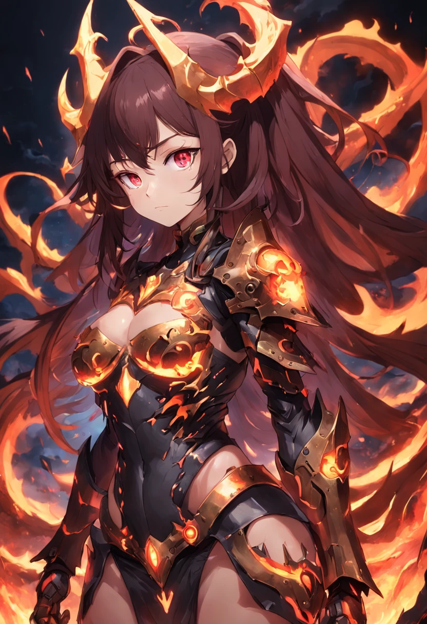 (infernal darkness beautiful girl), ((infernal darkness)), ((gold power armor)), blood, (black magma)