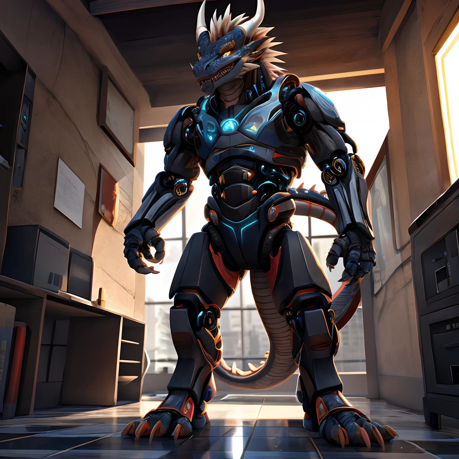 An advanced bionic mech, cybrog, anthro, dragon, male, full body, Delicate face, Delicate eyes, 1 tail, (glowing LED), energy,sandals, digitigrade,Standing on the tiles in the apartment, extremely detailed CG unity 8k wallpaper, realistic, masterpiece, highest quality, lens flare, unreal engine, trending on ArtStation, Intricate, High Detail, dramatic, realism,