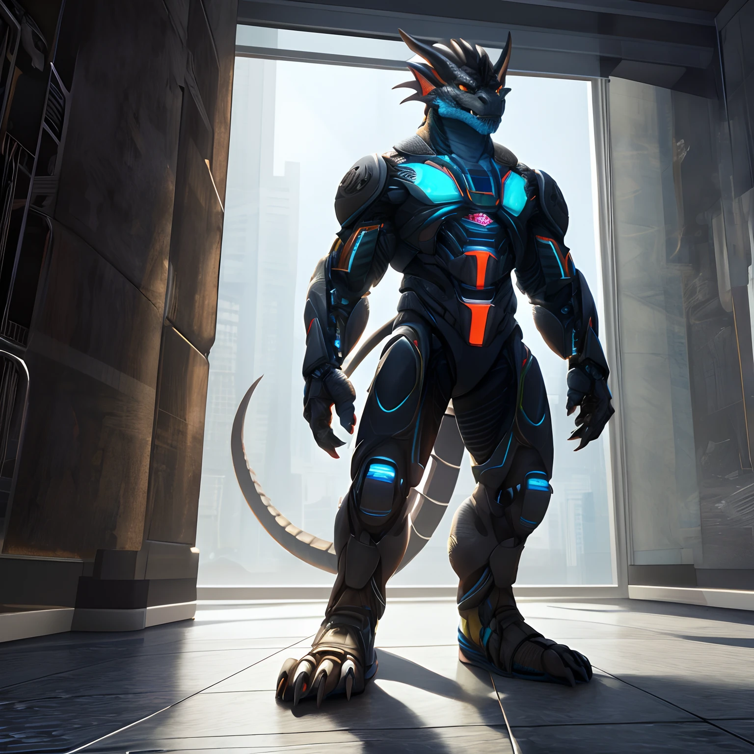 An advanced bionic mech, cybrog, anthro, dragon, male, full body, Delicate face, Delicate eyes, 1 tail, (glowing LED), energy,sandals， digitigrade,Standing on the tiles in the apartment， extremely detailed CG unity 8k wallpaper, realistic, masterpiece, highest quality, lens flare, unreal engine, trending on ArtStation, Intricate, High Detail, dramatic, realism,