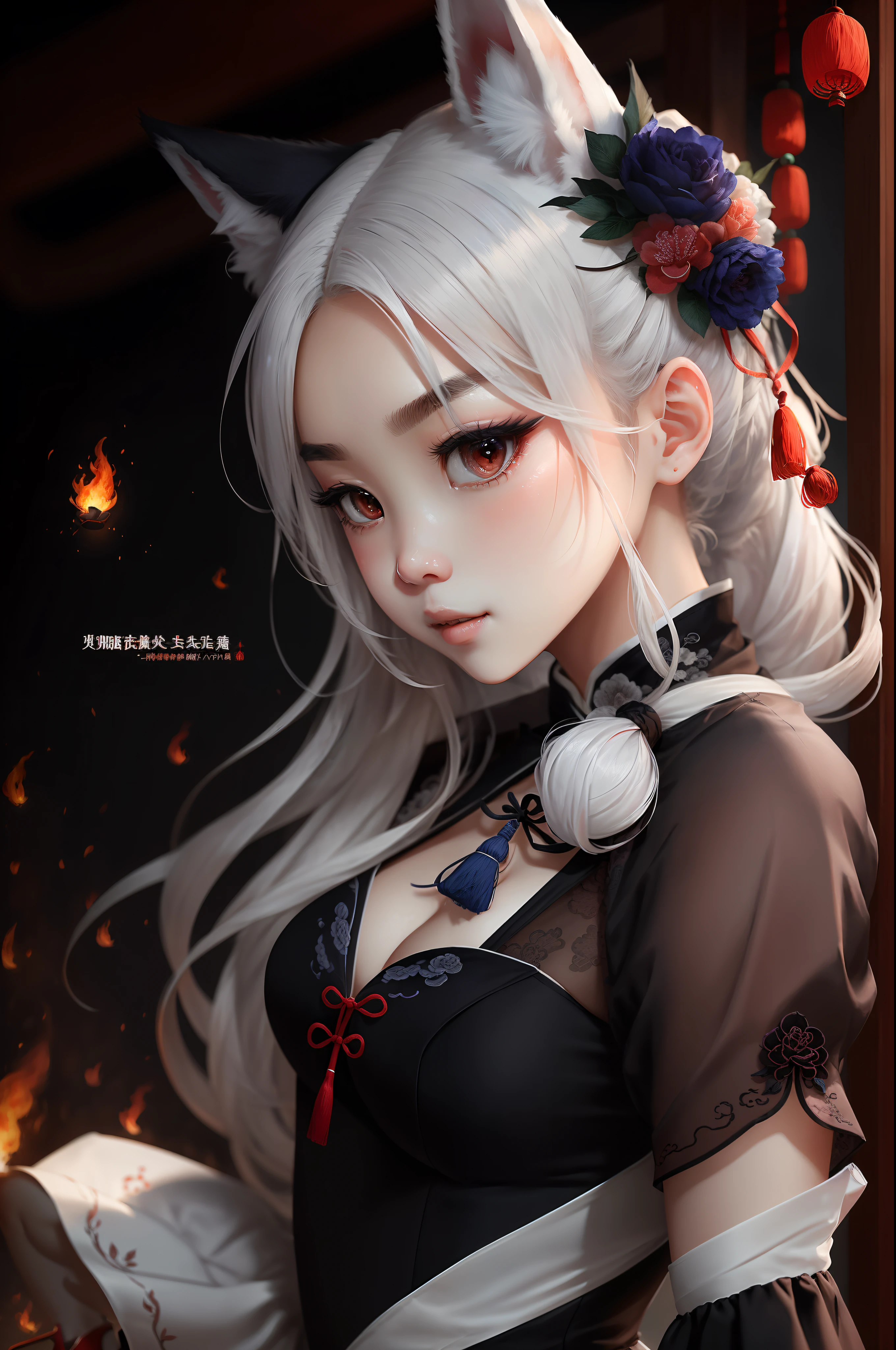 1girll,独奏,long whitr hair,whaite hair,fox ear,Blushlush,Chubby toot,(Perfect body 1.3)sexy dress,tmasterpiece,(Fidelity:1.4),Perfect body,Beautiful face with details,full bodyesbian,shoe,long eyebrow,The large,adorable eyes,电影灯光, 电影灯光,intense contrast,High level of detail,Best quality at best,tmasterpiece,Chinese style,Halfway portrait,show the grinps,Straight teeth