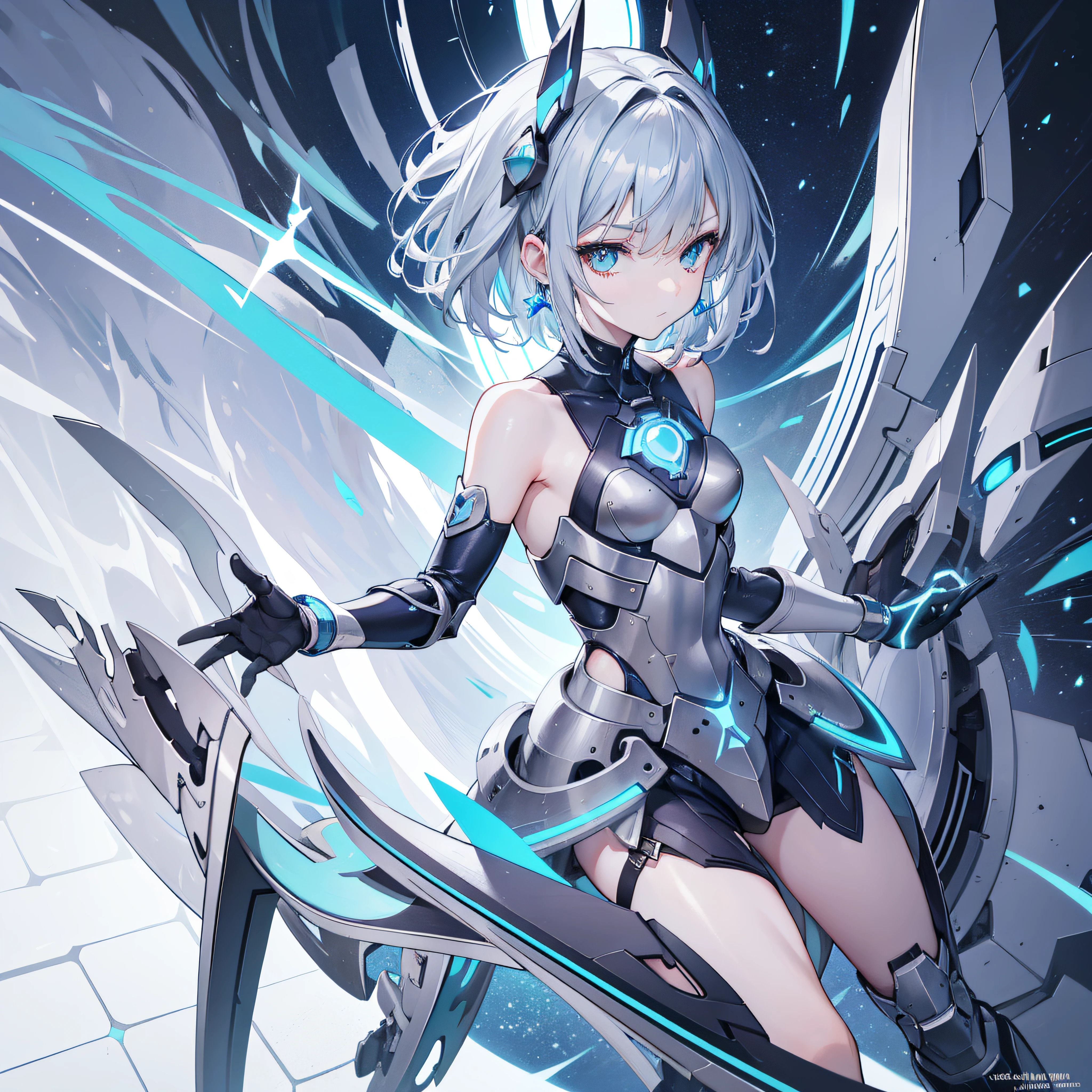 Anime , Blue and grey metal armor, blue hand and thigh accessories, Short dark blue grey hair, hair accessories, grey eyes, silver earrings, nose, curious, healthy skin, very dirty, neck, shoulders, small chest, arms, holding a map, thin waist, legs, medium thigh, having a black robotic leg, cute, vibrant colors on shirt, in a futuristic marble white palace, light shining in the sky, standing next to a wall, cinematic light, high resolution, highest quality, ultra detailed, detailed face, (detailed eyes), best quality, hyper detailed, masterpiece, (detailed face), clean face, show feet, short hair