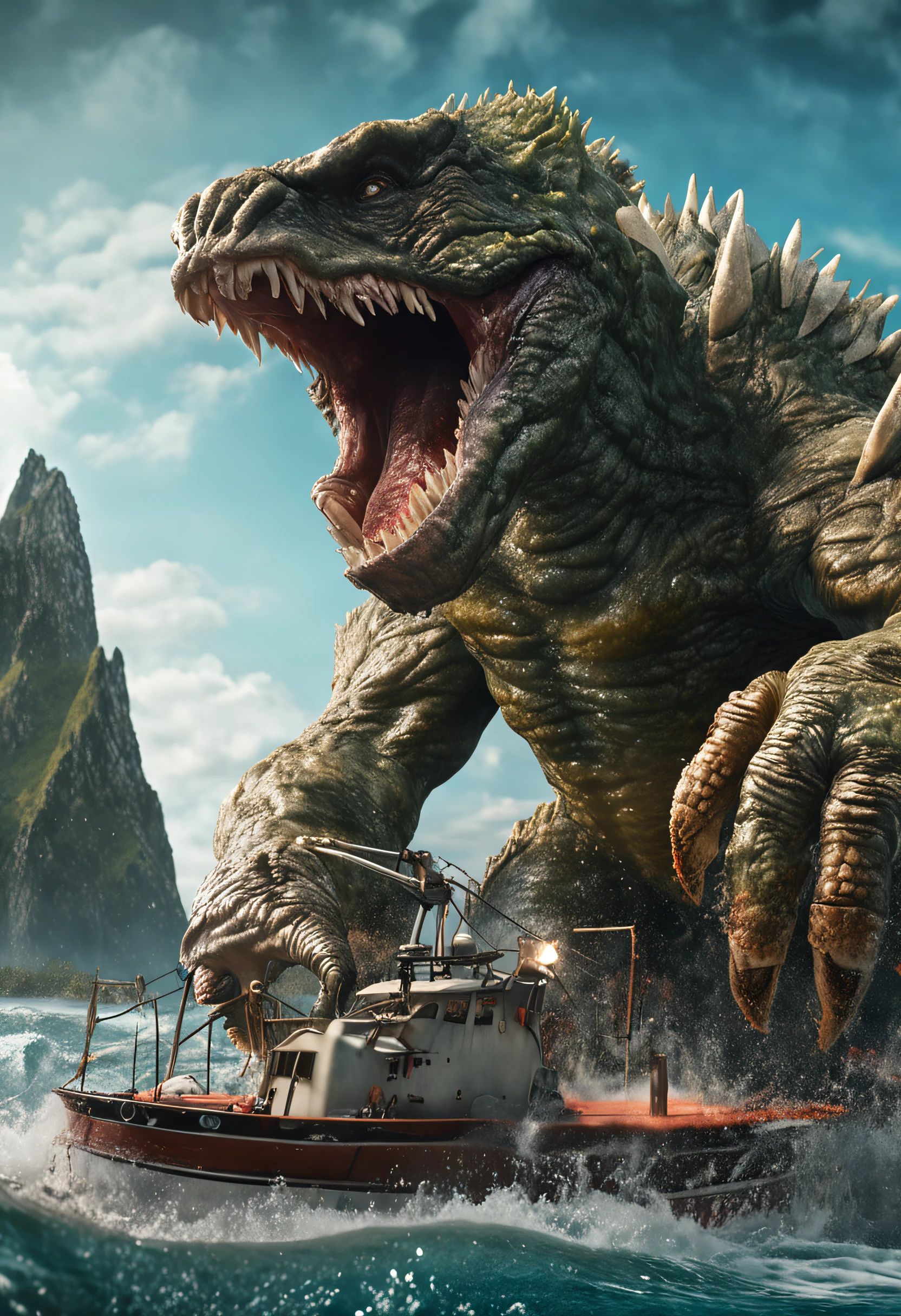 Extremely detailed Cg Unity 8K wallpaper, (Ultra detailed), (Ultra photo realsisim), (best character detail:1.36), Nikon D750 f/1.4 55mm, Dynamic Angle, Professional lighting, photon maping, Radio City, Physically-based rendering, In the ocean, Huge waves, view the viewer, Prehistoric monsters, Godzilla, standing in ocean, A MILF, Gigantic body, Golden proportions, (The upper body is on the surface of the sea), (The lower body is below the surface of the sea:1.2), (Super scary:1.1), There are bombs in the back, [:(The facial details are frightening:1.2):0.2]:, Leave the green toxic liquid in your mouth, ((Extremely terrifying monsters)), (aegyo sal:1), (gazing at the water), (Leave the liquid in your mouth:1.1), (Open your mouth wide:1.1), huge size eyes, Scary body, (Thick arms:1.1), (Handheld missiles:1.1), There are fins on the back, (Green blood remains throughout the body:1.2), Ocean mutant monsters, Giant monsters, (Masterpiece), (Best quality)