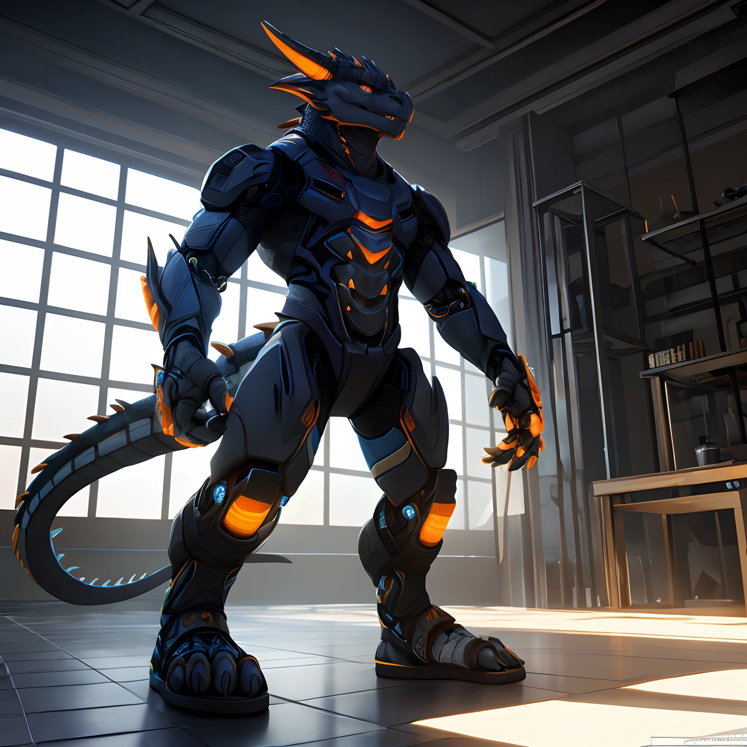 An advanced bionic mech, cybrog, anthro, dragon, male, full body, Delicate face, Delicate eyes, 1 tail, (glowing LED), energy,sandals, digitigrade,Standing on the tiles in the apartment, extremely detailed CG unity 8k wallpaper, realistic, masterpiece, highest quality, lens flare, unreal engine, trending on ArtStation, Intricate, High Detail, dramatic, realism,