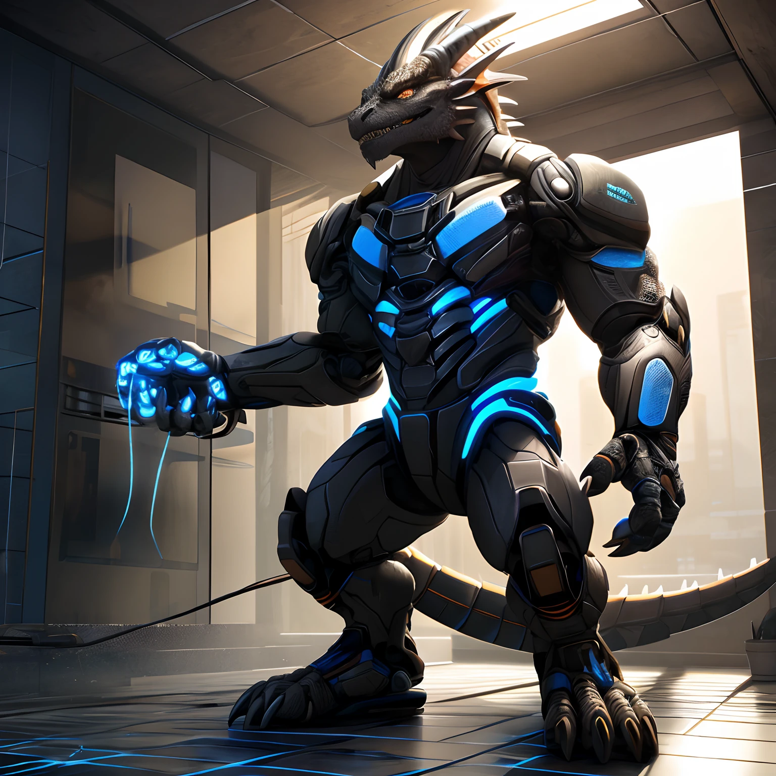 An advanced bionic mech, cybrog, anthro, dragon, male, full body, Delicate face, Delicate eyes, 1 tail, (glowing LED), energy,sandals, digitigrade,Standing on the tiles in the apartment, extremely detailed CG unity 8k wallpaper, realistic, masterpiece, highest quality, lens flare, unreal engine, trending on ArtStation, Intricate, High Detail, dramatic, realism,