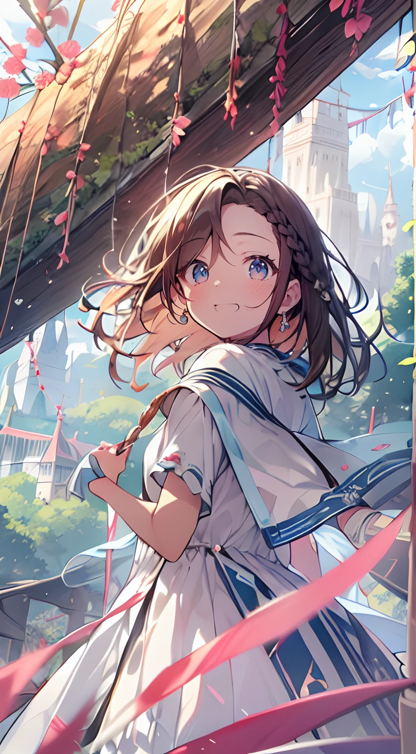 masutepiece, Best Quality,Illustration, Wallpaper, Ultra Detail, Absurd beauty、1 beautiful girl、 (Medium short hair、short braided hair), Beautiful ultra-detailed eyes , Hair fluttering in the wind、Smaller head、Beautiful natural scenery