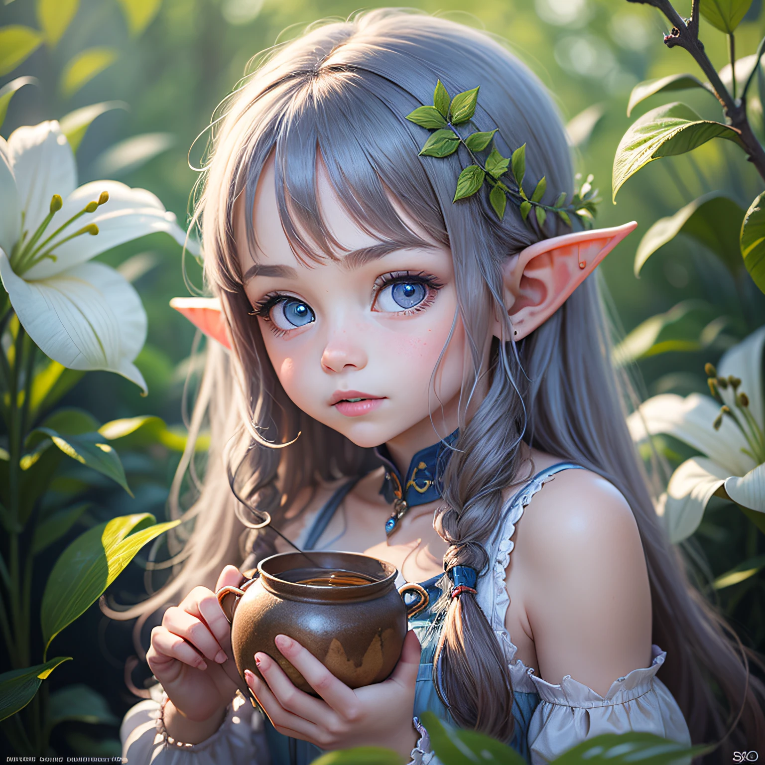 Scene from the mid-length shot of the cute Lily , Elf girl 6 ,Has big, sweet blue eyes, lovely digital painting, portrait of very beautiful elf, Cute detailed digital art, Blue Elf, Cute face, A sly expression,The expression is mischievous, There is a pot of honey in hand