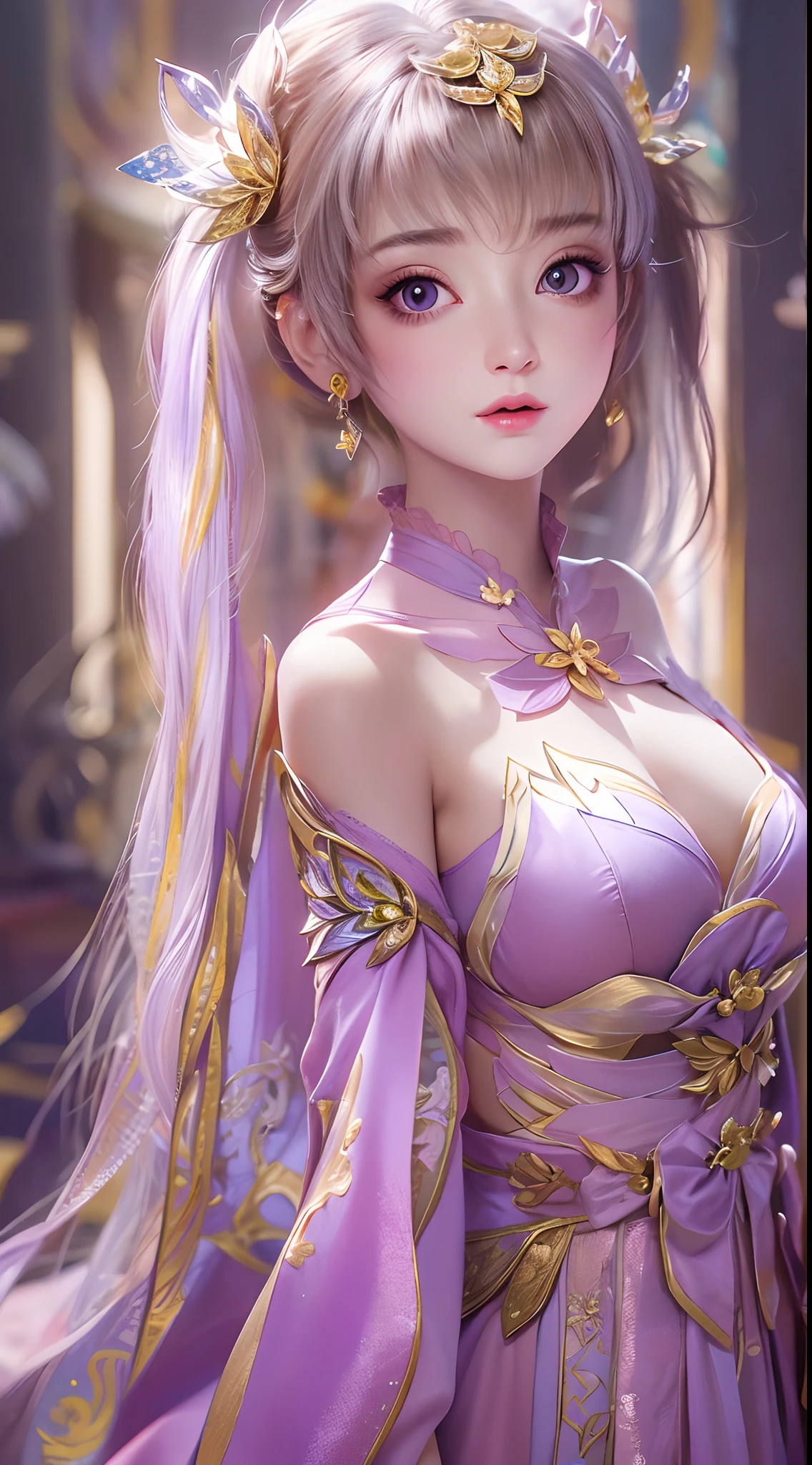 1 20 year old girl, 1 goddess Athena, pink purple silk dress, beautiful goddess Athena face without blemishes, delicate yellow nightgown, long thin sequin nightgown with many sexy black lace details, female saint legend, female saint icon, beautiful goddess style glitter, dark and mysterious version, vermilion lips, plump red lips, not smiling, mouth closed, detailed and delicate images beautifully, delicate and beautiful lip detail, (pure and flawless face: 1.9), female saint body, moderate breasts, ((Super Breast Lift:1.4)), breasts are round and regular,super tight breasts, phoenix brooch, long flat bangs, (((double ponytail: 1.8))), flower stickers tattoo on forehead, beautiful clear face and well-proportioned eyes, (light purple eyes: 1.8), (big round eyes and makeup, sexy wet eye makeup, very beautiful and meticulous hair makeup, long and delicate blonde hair, delicate, body image: 1.8), figure: and vivid, (stars that make up the sky: 1.7), (the sky of heaven and the fictitious gate of time and space: 1.8), fictional art, RAW photos, hanfu photos, best photos, high resolution, best quality, best photos, best goddess quality, 8k female, super 8 single saint portraits, truest color schemes, masterpieces, best beauty brands, best hair jewelry, brand real photo, dark studio, border light, two-tone lighting, (rose white skin: 1.4), (high skin detail: 1.1), 8k uhd, soft light, 8k, high quality, candid, volume Smooth and sharp, 10x pixel increase, sexy goddess, (background space: 1.8), (most beautiful aurora eyes: 1.7), beautiful eyes, aurora beautiful and flowery, (beautiful single girl: 1.8), (more details:0.8),