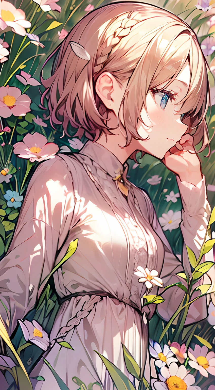 masutepiece, Best Quality,Illustration, Wallpaper, Ultra Detail, Absurd beauty、1 beautiful girl、 (Medium short hair、short braided hair), Beautiful ultra-detailed eyes , Hair fluttering in the wind、Keep your head small、flower field、great outdoors