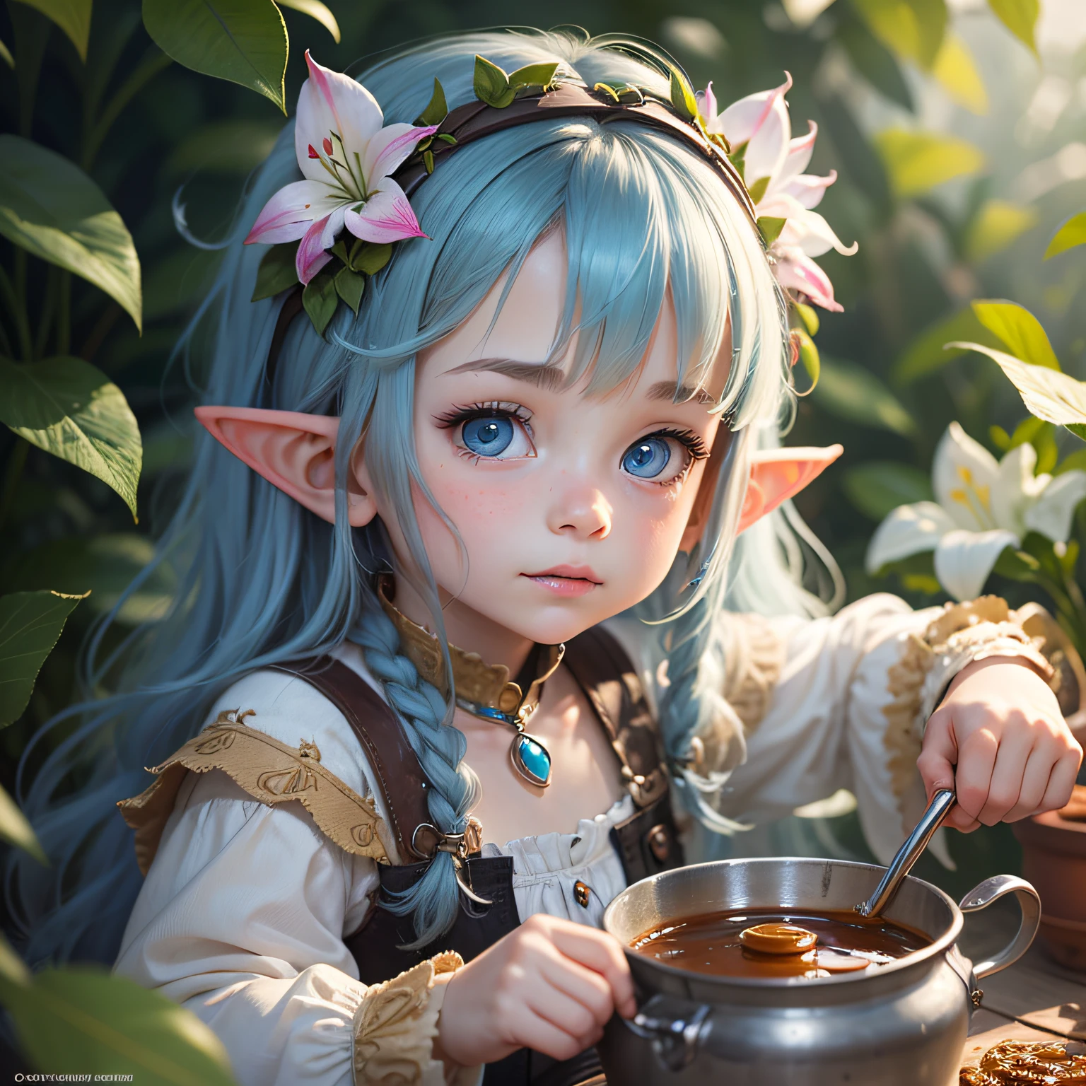 Scene from the mid-length shot of the cute Lily , Elf girl 6 ,Has big, sweet blue eyes, lovely digital painting, portrait of very beautiful elf, Cute detailed digital art, Blue Elf, Cute face, A sly expression,The expression is mischievous, There is a pot of honey in hand