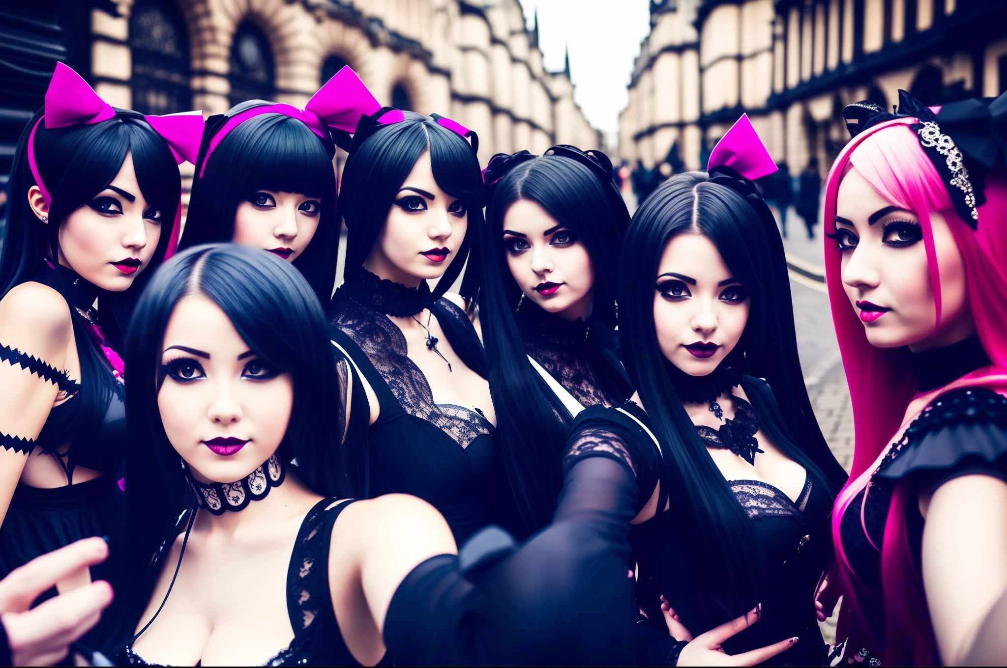 (obra maestra) (La mejor calidad) A selfie of several gothic-looking kawaii women on a London street. are young, alegre y me encanta hacer bromas en las fotos.