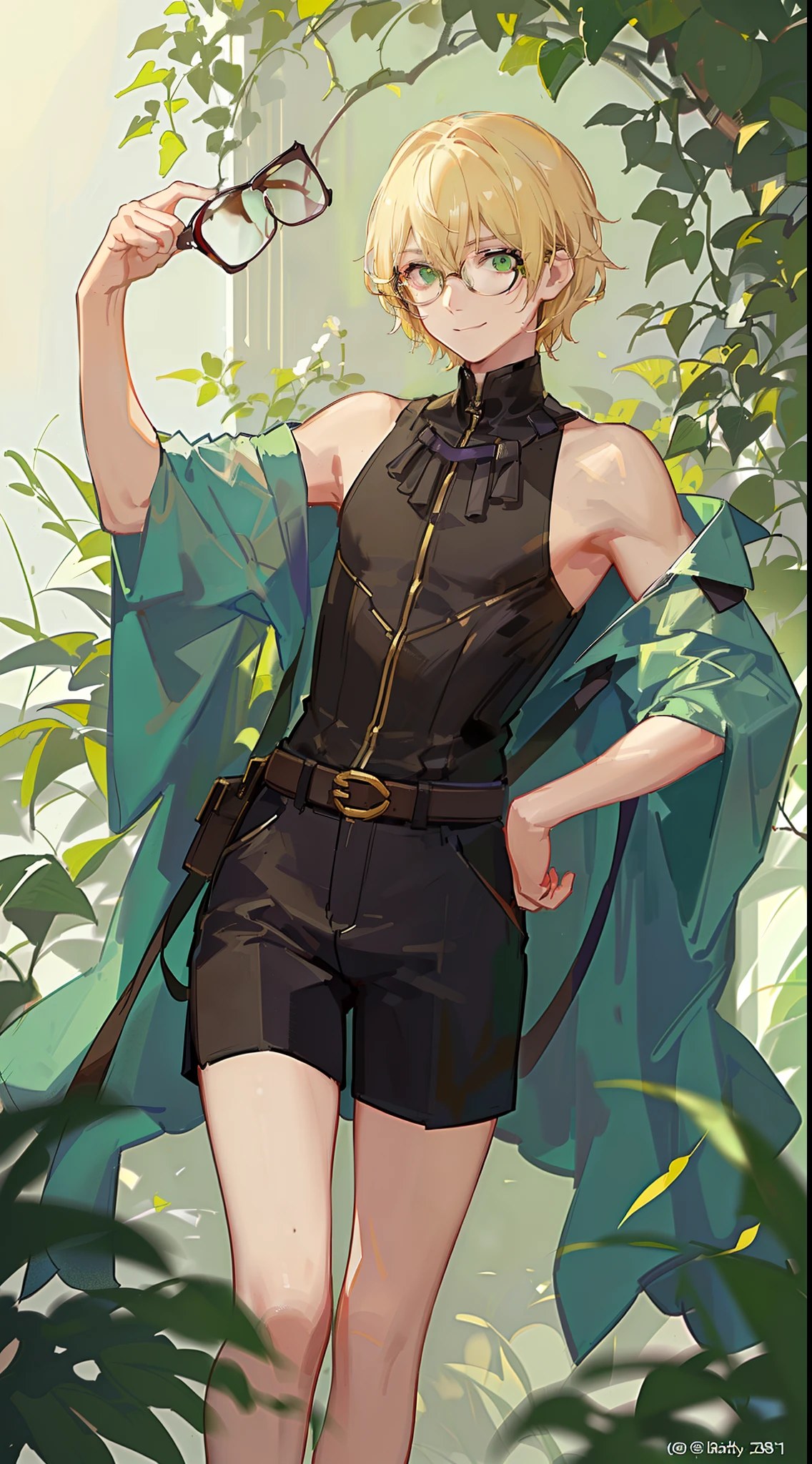 young boy, short blonde hair, Green eyes, Purple robe, Sleeveless, Shorts, pilot's glasses on his head, ssmile, Masterpiece, hiquality