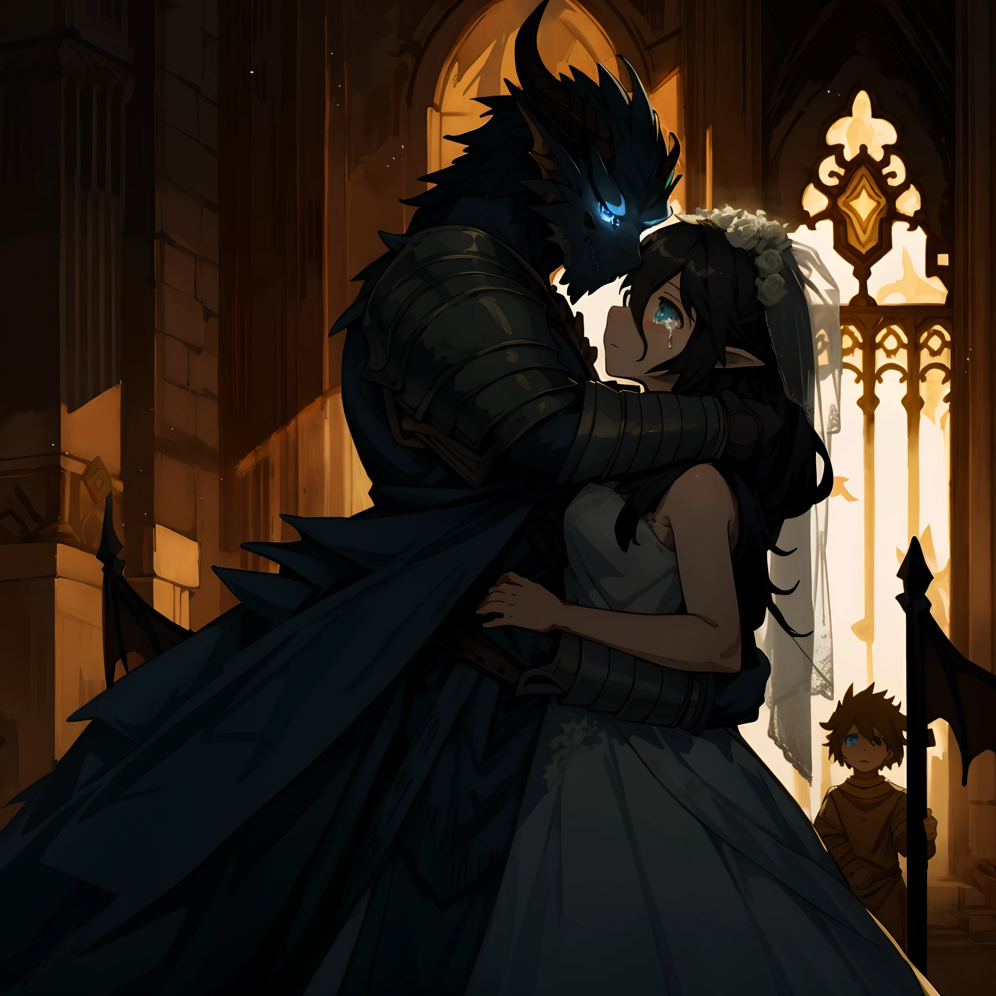 highres, top quality, best quality, paid reward available, High-quality illustrations, unparalleled masterpiece, The Decaying Demon King's Castle, absurdres, height difference, large demon hugs girl((wedding Photo of a Dragon and human child girl))Female Warrior, Tattered armor, hopelessness, tears, Fatigue(beautiful detailed eyes and face)caustics, dynamic lighting, deep shadow, cinematic shadow,