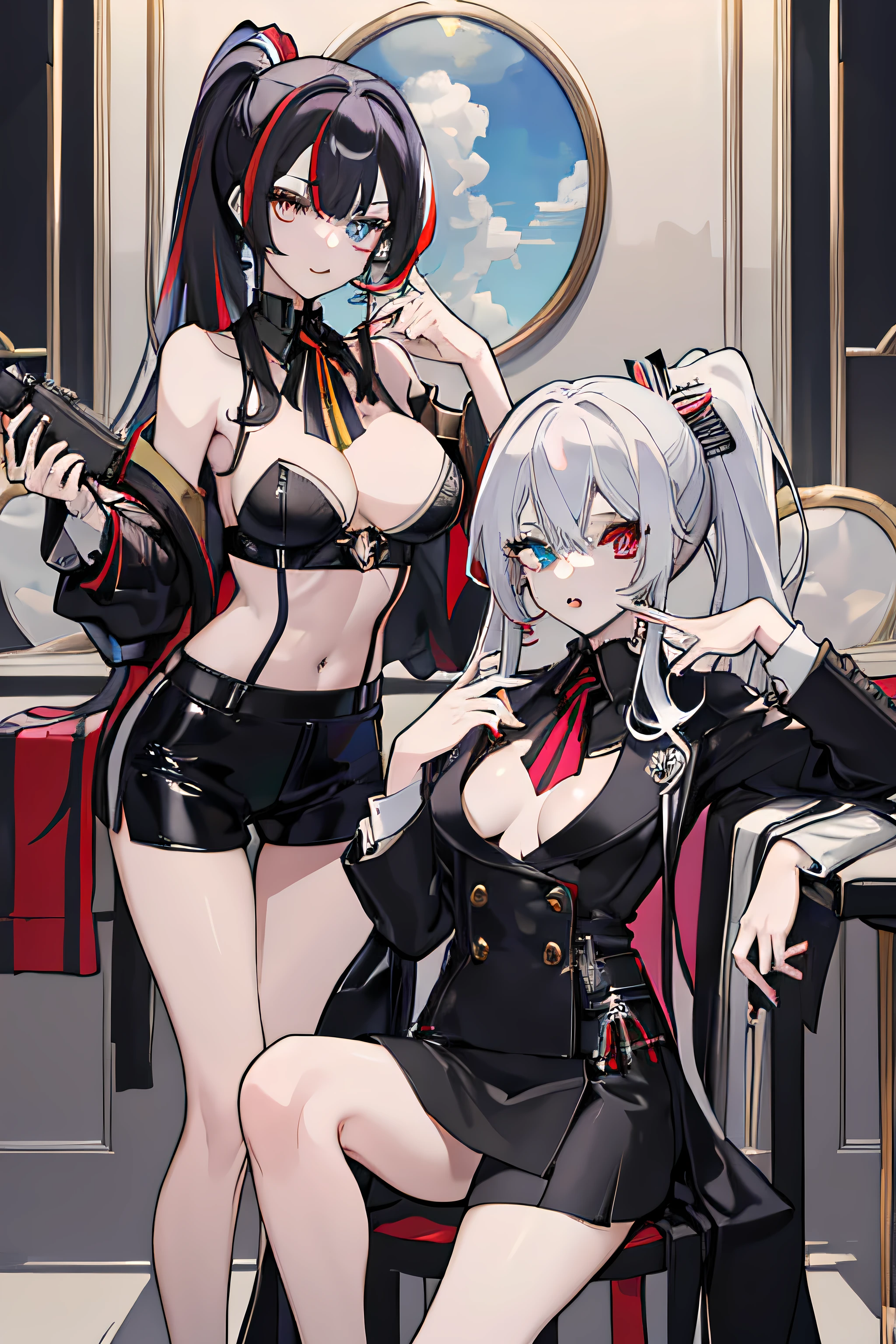 ((Masterpiece)), best quality, absurderes, ultra detailed, super beautiful twins with beautiful Heterochromia eyes and beautiful multicolored hair, high ponytail, nice and sexy body, wearing  mafia suits , full body, sexy pose, flirting with viewer, 1 sitting on a chair and the other standing next to it holding a tommy gun