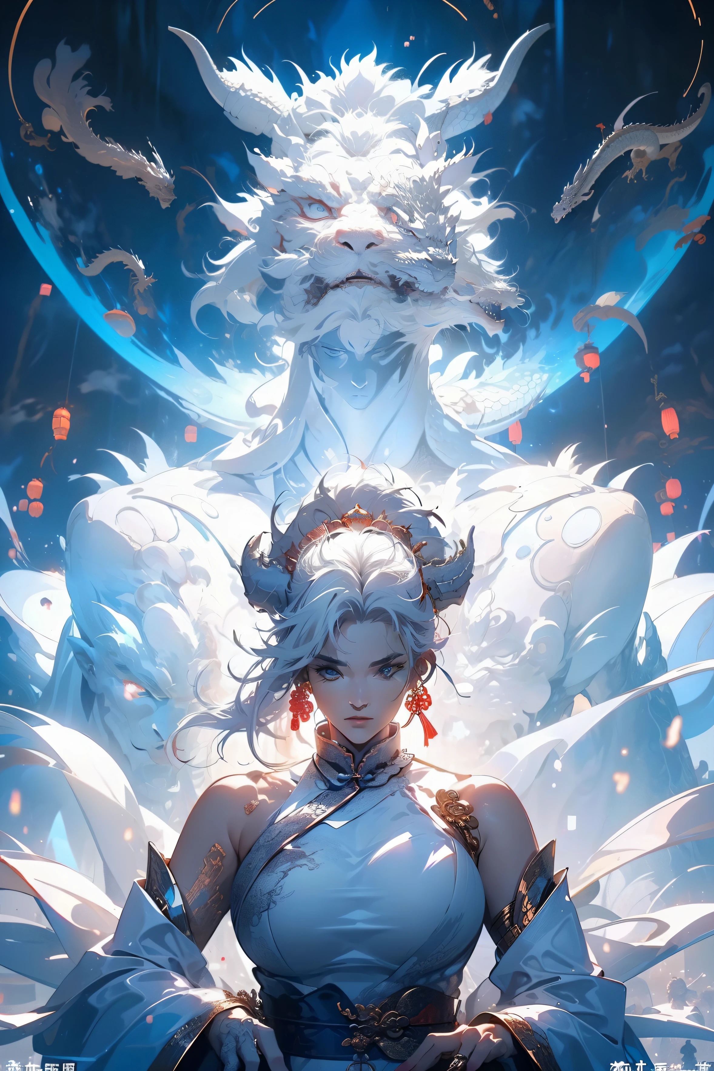 (((White dragon))),chinesedragon,(((Behind it is a huge Chinese dragon))),A woman of outstanding figure,Wear a nice miniskirt,Leaking out of both shoulders,jewely,Amazing work,Vitreous luster,clean backdrop,High gloss,blue colors,In pink,cyan colors,red colour