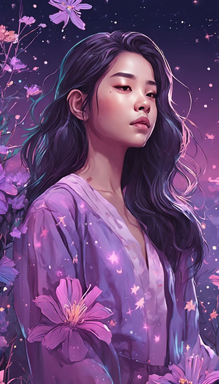 Half of a Korean girl, Features realistic stroke styles and pastel colors using a purple and blue palette, With cosmos as a background and stars.