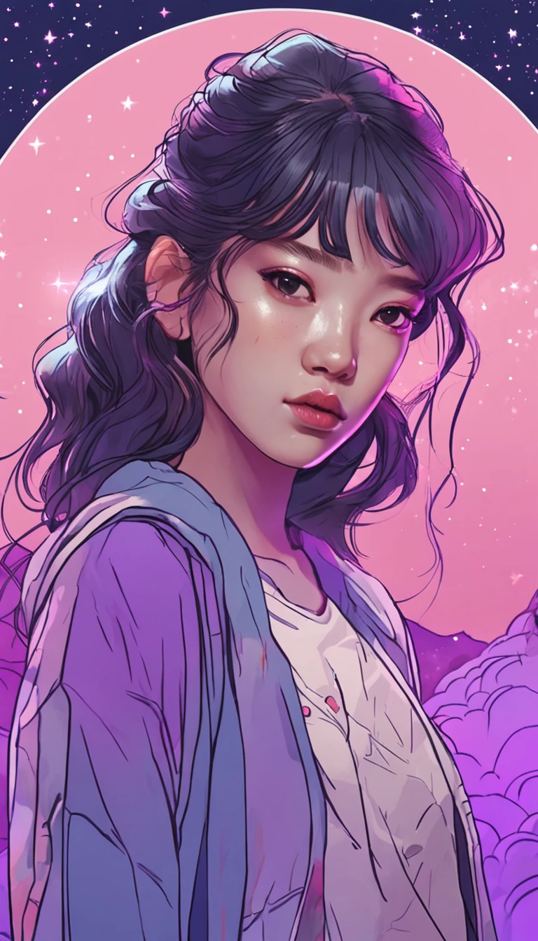 Half of a Korean girl, Features realistic stroke styles and pastel colors using a purple and blue palette, With cosmos as a background and stars.