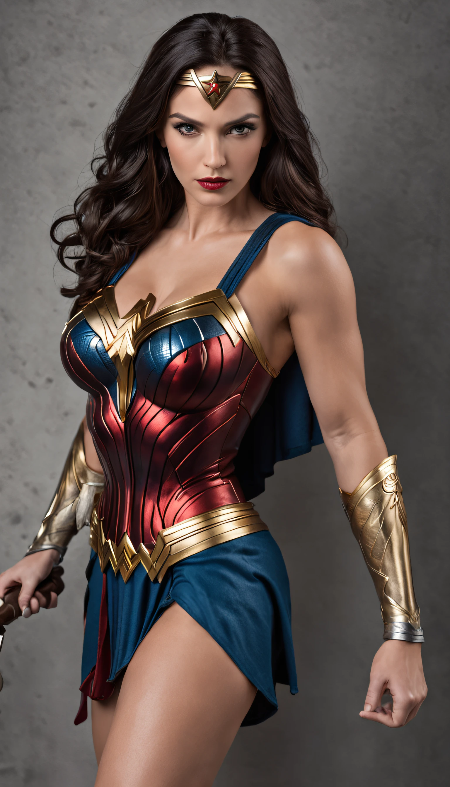 wonder women，Shield in hand，realisticlying，higher details，Higher quality，8k，超高分辨率，natural soft light，in a panoramic view