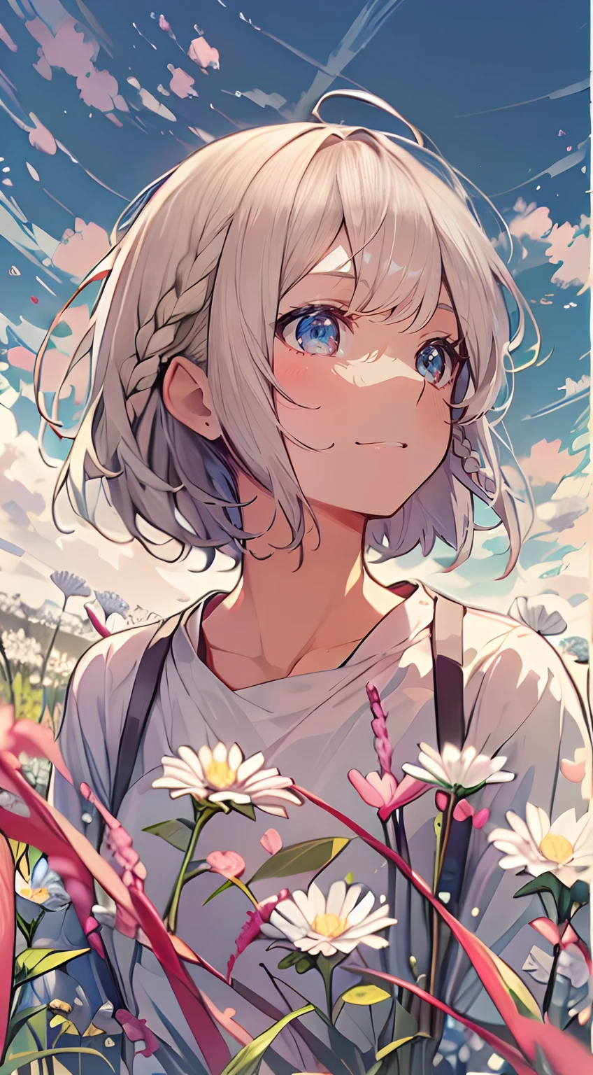 masutepiece, Best Quality,Illustration, Wallpaper, Ultra Detail, Absurd beauty、1 beautiful girl、 (Medium short hair、short braided hair), Beautiful ultra-detailed eyes , Hair fluttering in the wind、Keep your head small、flower  field、great outdoors