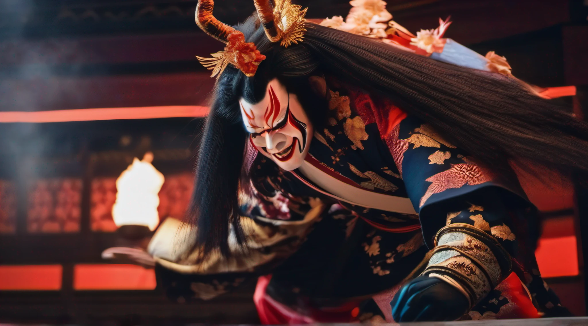 Kabukiza,Kabuki actor,ember,male people,Kime Pose,Long hair,Scary face,The background is the stage,a cool,realisitic,a picture,