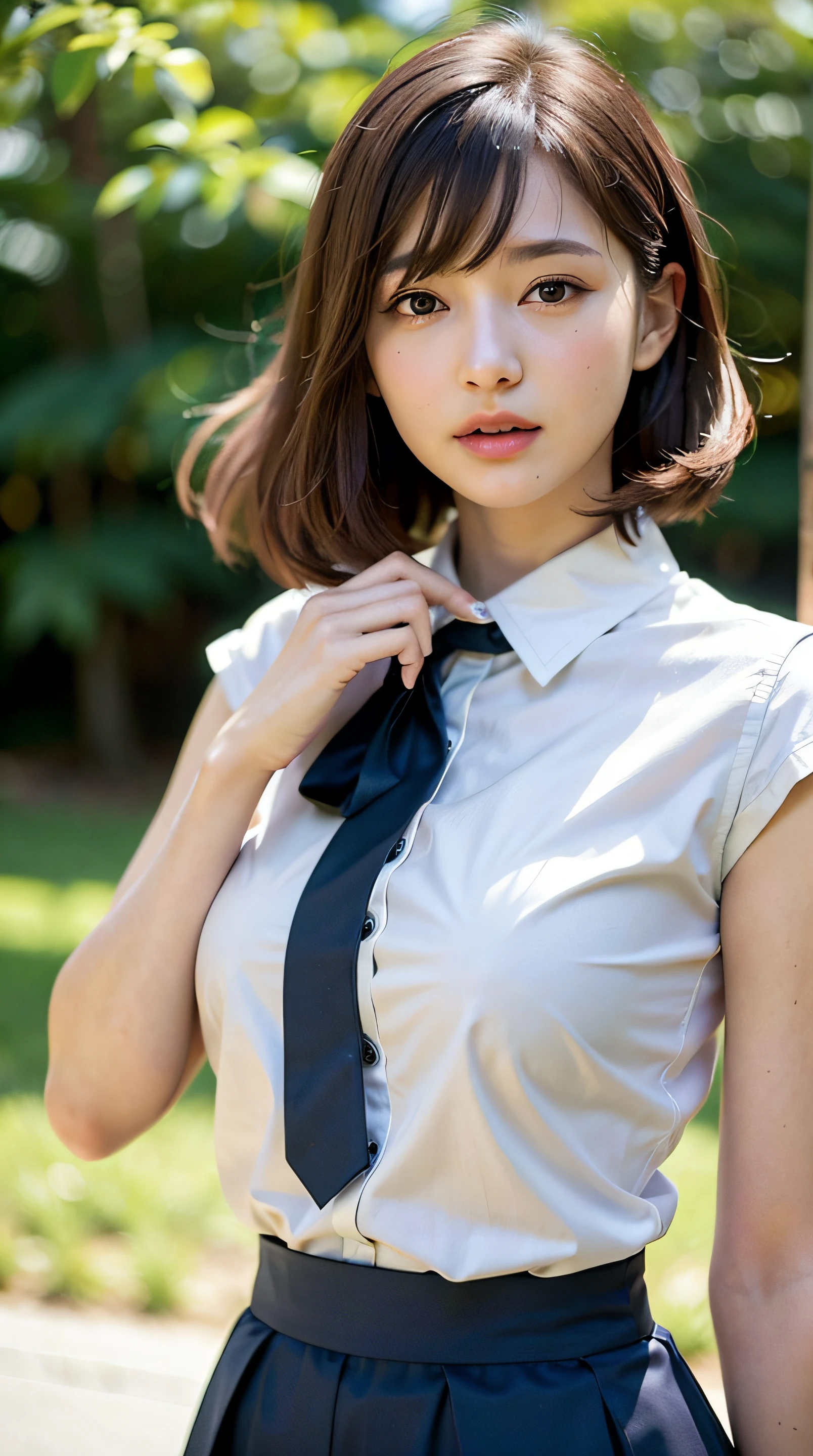 (Raw photo, Best Quality), (Realistic, Photorealsitic:1.3), masutepiece, Extremely delicate and beautiful, Soft light, (Brown hair, Short hair swaying in the wind, Bangs), Beautiful detailed girl, (Detailed fingers), extremely detailed eye and face, beautiful detailed nose, Beautiful detailed eyes, 1 girl, Japanese, Neat and clean beauty, Cute, 年轻, Silk Collar Shirt, Long flared skirt, (Half body:1.3), (medium breasts), Realistic face, Realistic body, Outdoors