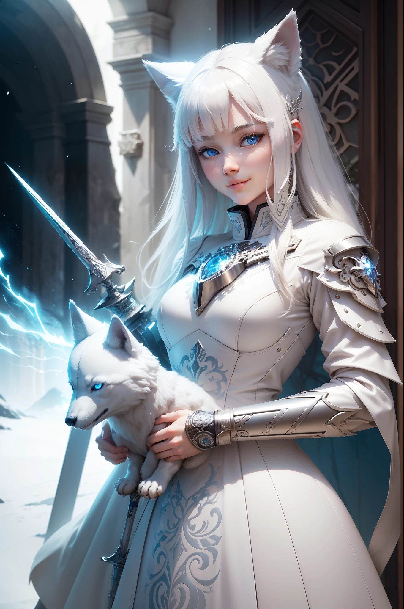Bright and refreshing space、White is the key.、Smiling kindly、peaceful、Tiere、Not a person、unmanned、in woods、White Wolf、cyborgs、Metal Wolf、Have a beautiful sword、Shining blue eyes、1bolt、(intricate-detail)、nffsw、(intricate-detail、ultra-detailliert:1.2)、Cinematic shots、vignettes、central