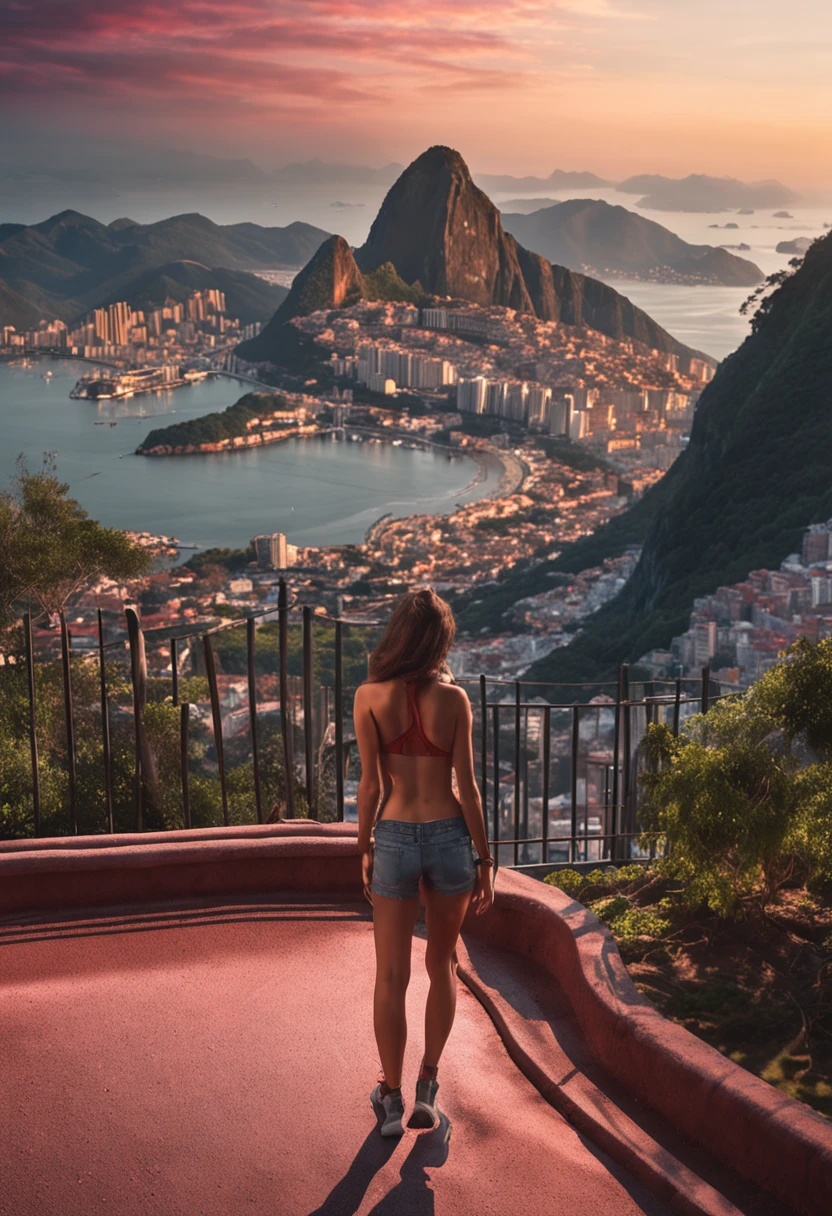 (Best quality, 8k, Masterpiece :1.2), hyper realistic, city of Rio de Janeiro Brazil, at a mountain, an detailed red Ferrari 488, Redeemer Christ in the background, a beautiful brown hair girl in sport clothes looking at landscape