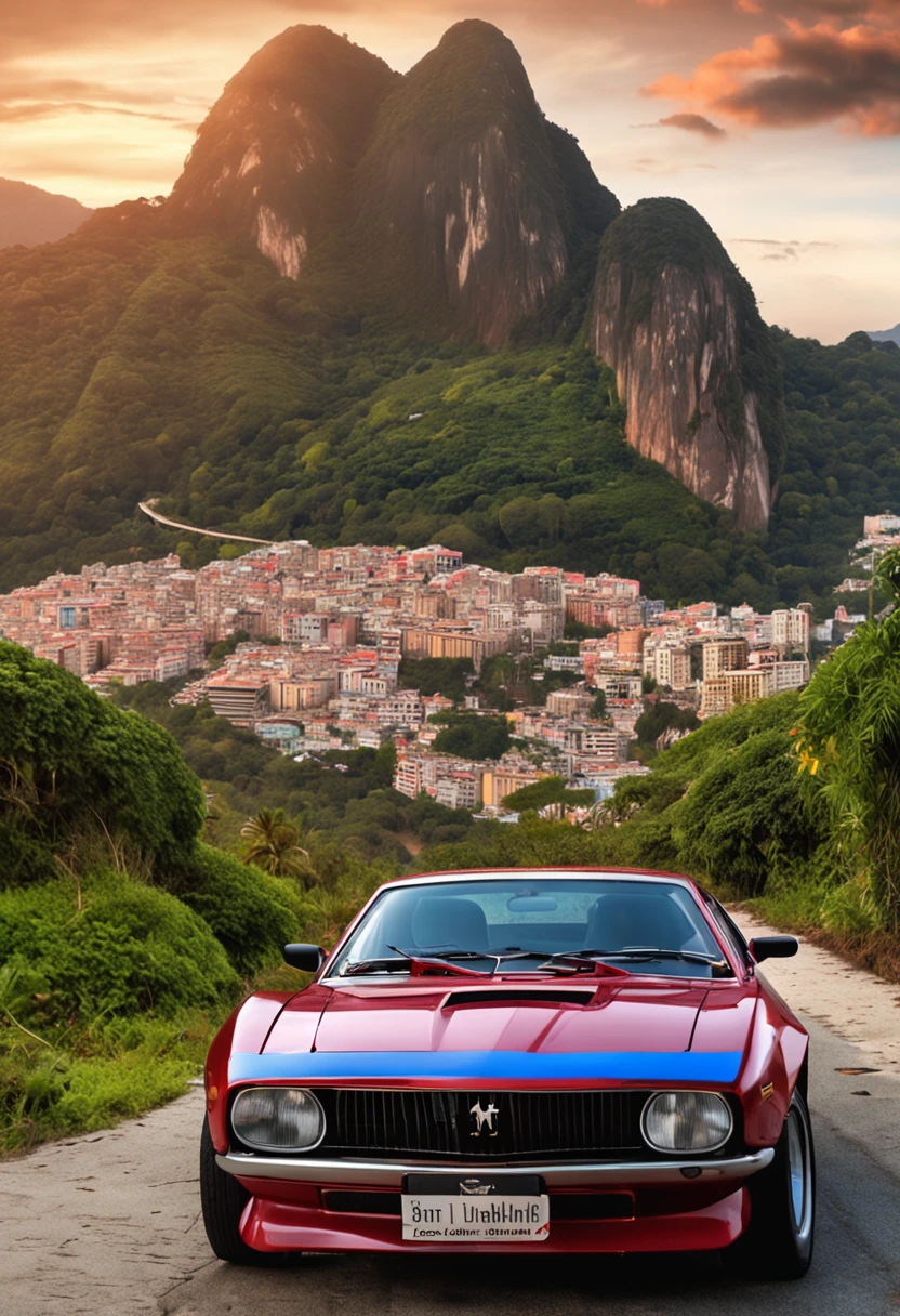 (Best quality, 8k, Masterpiece :1.2), hyper realistic, city of Rio de Janeiro Brazil, at a mountain, an detailed red Ferrari 488, Redeemer Christ in the background, a beautiful brown hair girl in sport clothes looking at landscape