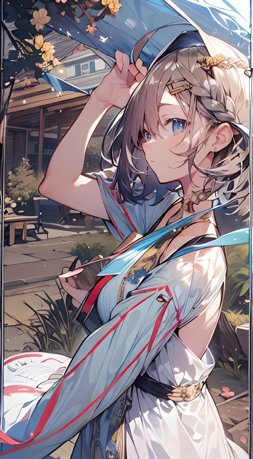 masutepiece, Best Quality,Illustration, Wallpaper, Ultra Detail, Absurd beauty、1 beautiful girl、 (Medium short hair、short braided hair), Beautiful ultra-detailed eyes , Hair fluttering in the wind、Smaller head、Beautiful natural scenery