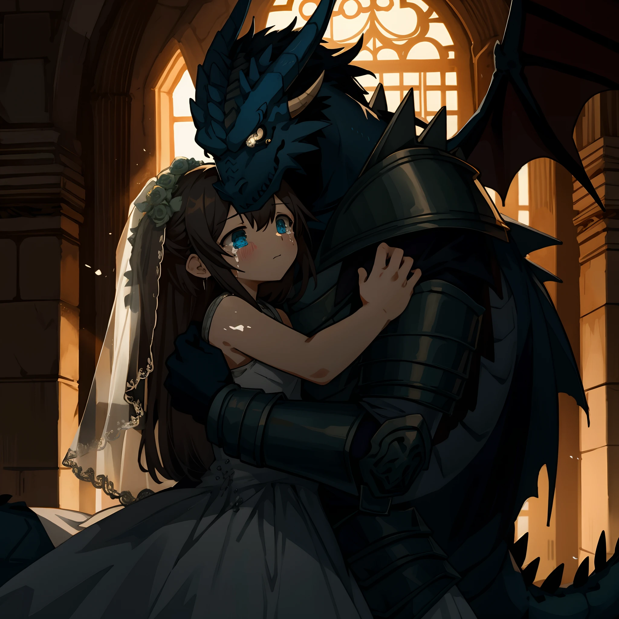 highres, top quality, best quality, paid reward available, High-quality illustrations, unparalleled masterpiece, The Decaying Demon King's Castle, absurdres, height difference, large demon hugs girl((wedding Photo of a Dragon and human child girl))Female Warrior, Tattered armor, hopelessness, tears, Fatigue(beautiful detailed eyes and face)caustics, dynamic lighting, deep shadow, cinematic shadow,