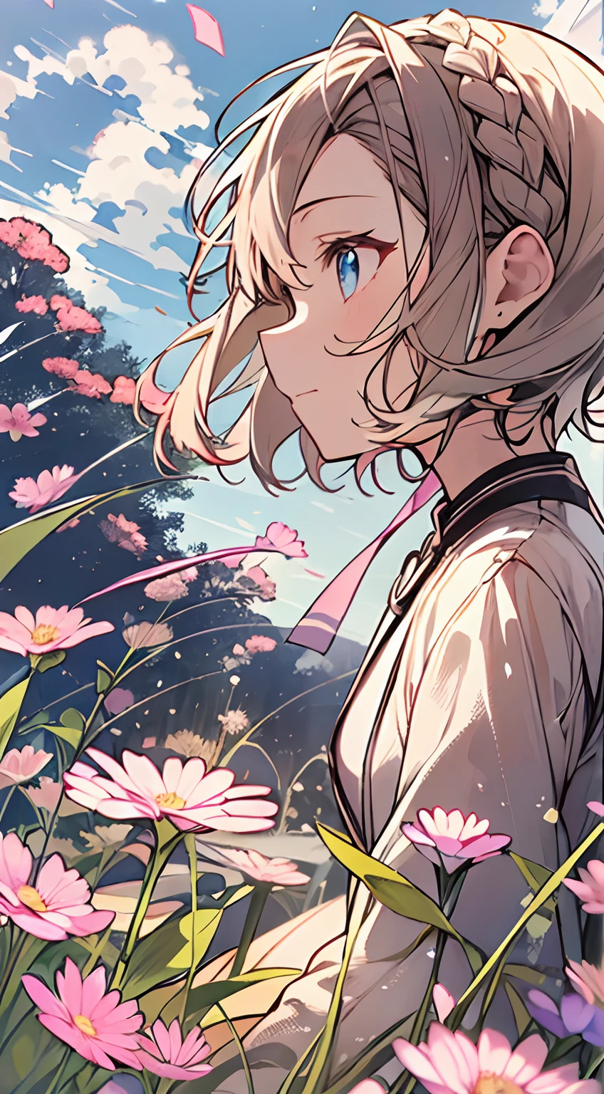 masutepiece, Best Quality,Illustration, Wallpaper, Ultra Detail, Absurd beauty、1 beautiful girl、 (Medium short hair、short braided hair), Beautiful ultra-detailed eyes , Hair fluttering in the wind、Keep your head small、flower  field、great outdoors