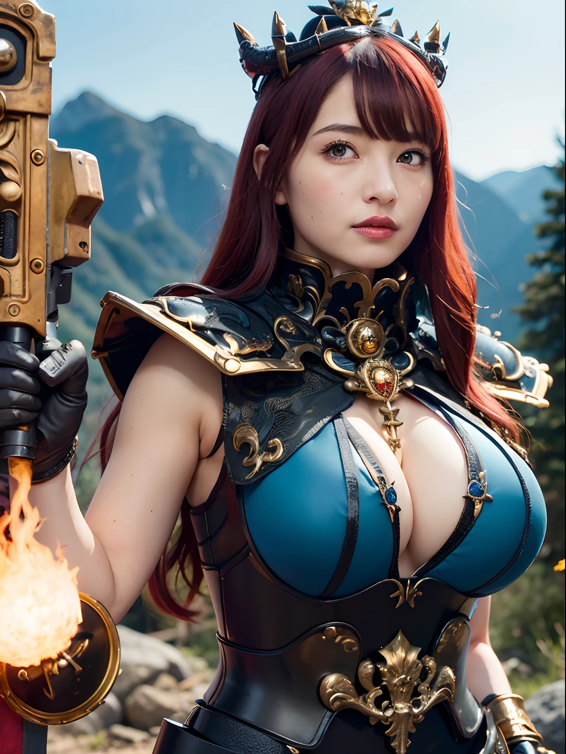 (masutepiece), Professional , masterpiece、top-quality、photos realistic , depth of fields 、(Dragon Black Metal Body:1.9),(Enamel blue-black、(cleavage of the breast)、Dragon Gold Weapon(Dragon Metal Body:1.4),Gorgeous gold weapons ,(( Dragon's dense and gorgeous sword)) , (demonic wings) ,warhammer 40k , adepta sororitas,Detail and gorgeous crown、((Red hair))、(Castle background)、((Gangle's forest background))、Beautiful Caucasian beauty、1a person、dynamic ungle,(((Detailed and ornate Black Devil Crown)))、Smaller head、crazed smile、Castle background、Thin and beautiful female hands、cleavage of the breast、Soldier in iron armor on background、Mystical expression、Light Effects、intense fighting、Wind-effect、magic circles、With the legendary magic wand、Dragon's tail、