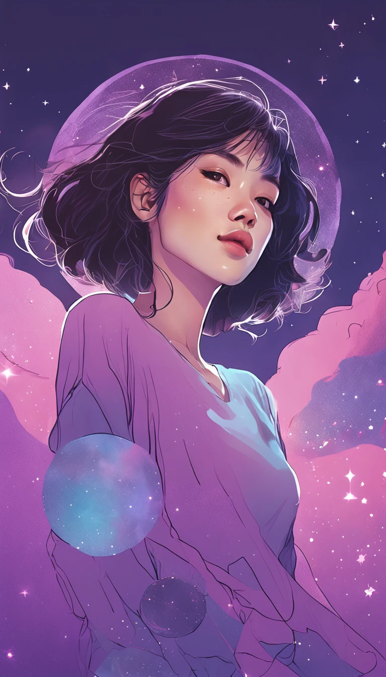 Half of a Korean girl, Features realistic stroke styles and pastel colors using a purple and blue palette, With cosmos as a background and stars.