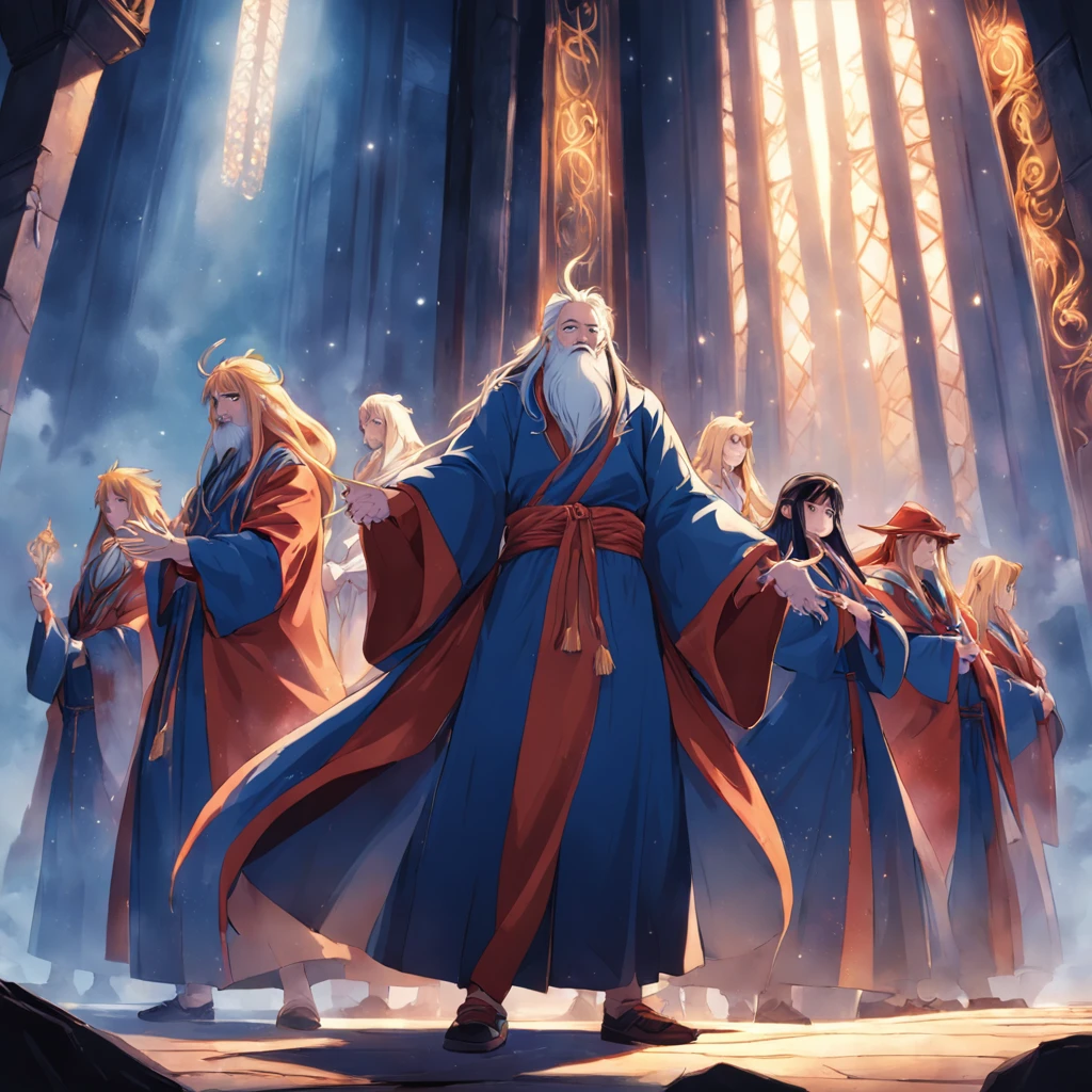 (Seven people,Seven powerful wizards,French formation:1.5),The long, flowing beard and a pointed hat stands in a dark, palaces. The wizard raised his hands,Chanting,Faraway view