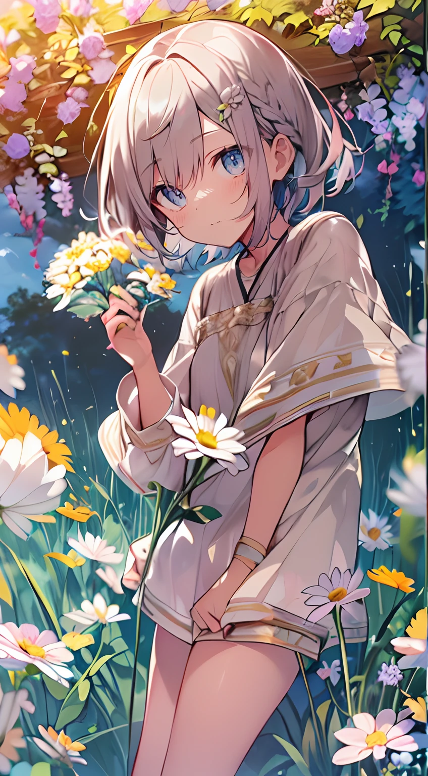 masutepiece, Best Quality,Illustration, Wallpaper, Ultra Detail, Absurd beauty、1 beautiful girl、 (Medium short hair、short braided hair), Beautiful ultra-detailed eyes , Hair fluttering in the wind、Keep your head small、flower  field、great outdoors