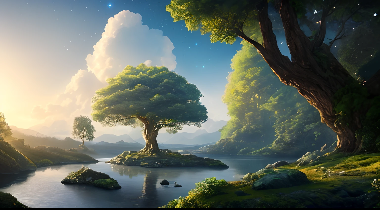 Illustration of a hyperrealistic , otherworldly, ultrasky scene featuring a giant crystal tree full body,very detailed and magical lighting, intricate forest details, vegetation and river around, solarpunk ,landscape, giant tree, beatifull leafy with beautiful lighting and realistic proportions, as if it were a cinematic background, 8k, highest quality, masterpiece, clouds and stars in the sky.