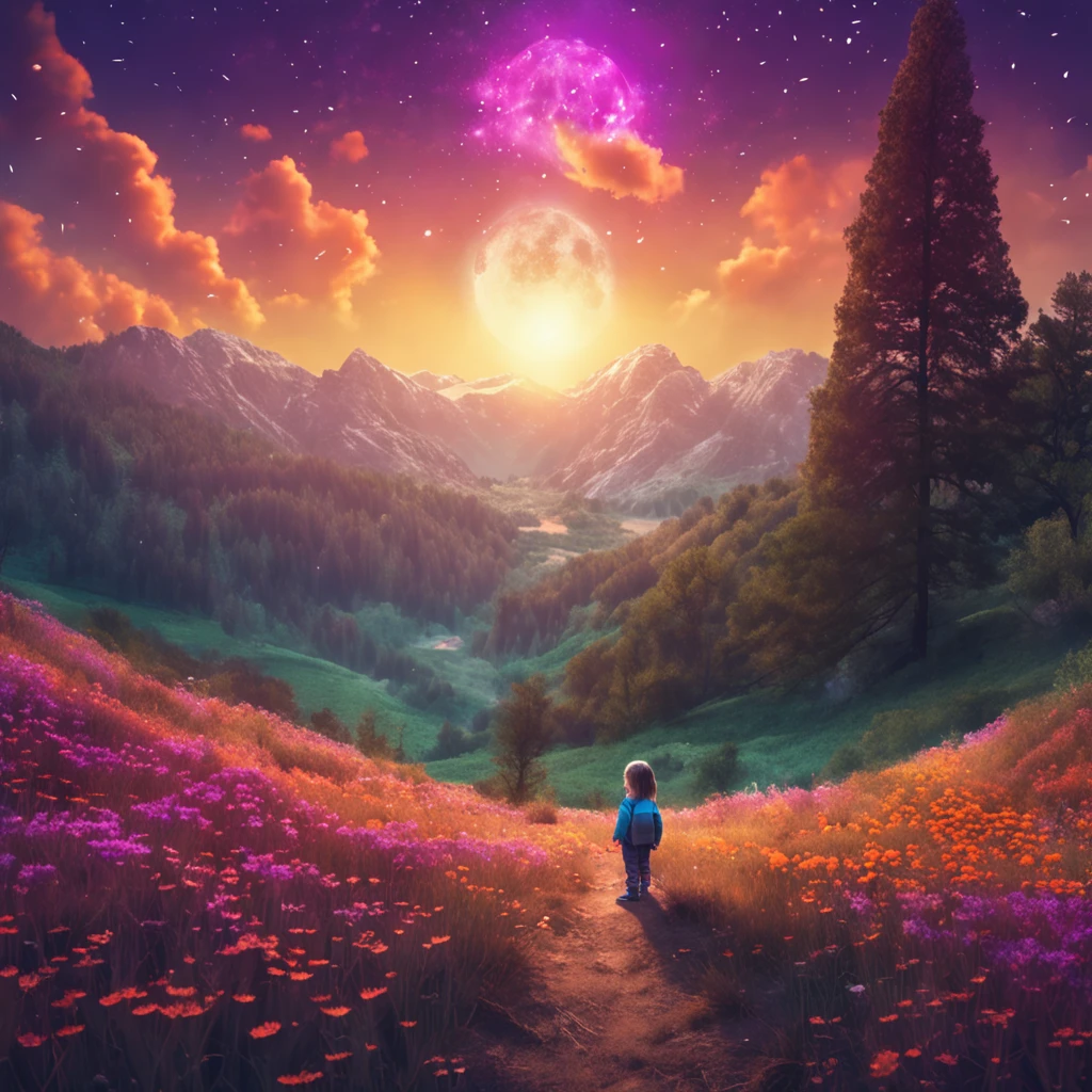 Expansive landscape photograph, (view from below with a view of the sky and the wilderness below), little girl standing in a flower field looking up, (full moon: 1.2), (shooting star: 0.9), (nebula: 1.3), distant mountain, tree break production art, (warm light source: 1.2), (firefly: 1.2), lamp, purple and orange, intricate detail, volume lighting BREAK (masterpiece: 1.2), (highest quality ), 4k, ultra-detailed, (dynamic configuration: 1.4), highly detailed and colorful details (iridescent: 1.2), (sparkling lighting, atmospheric lighting), dreamy, magical, (solo: 1.2)