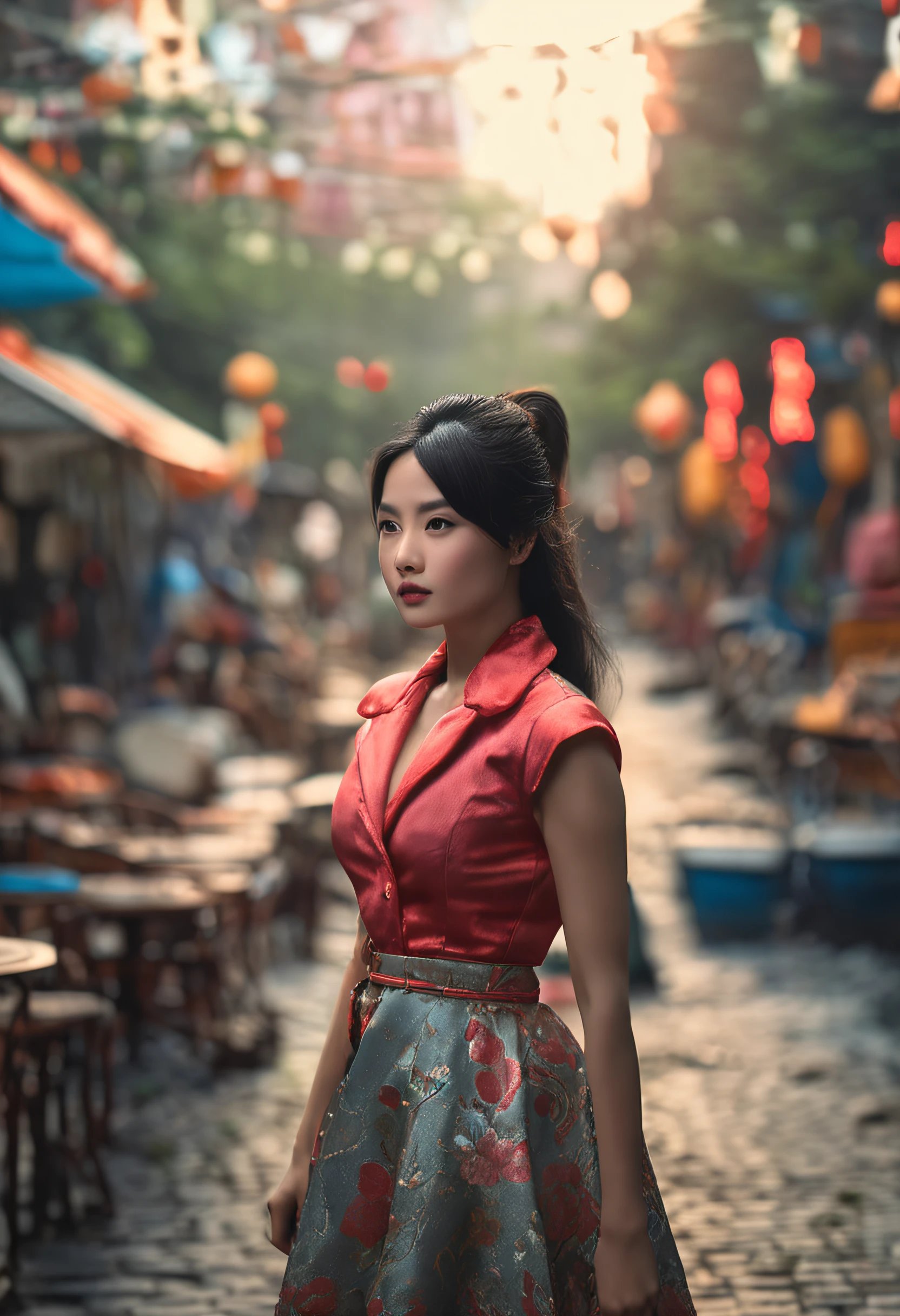Asian women,tmasterpiece,Highest quality,photorealistic realism,Tremendously beautiful,Very detailed,Female characteristics are distinct,huge boob,whole body display,wearing short skirt,Plate hair,1 woman