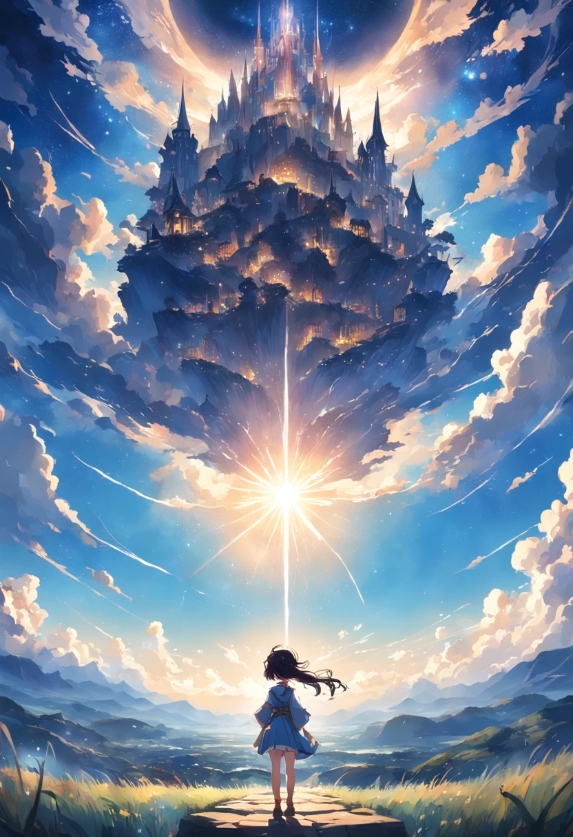 Faraway view、landscapes、vanishing point、Outrageous resolution、hight resolution、ultra-detailliert、The upper half is the sky、Below is the ground、Bright atmosphere、Fantasia、、、clean blue sky、sunlight shining、Lots of stars、beautiful lighting、Bright lighting、Soft lighting、Lots of shining magic lights、In the center stands a dwarf、The Dwarven Tale Begins、His name is Dwarfu