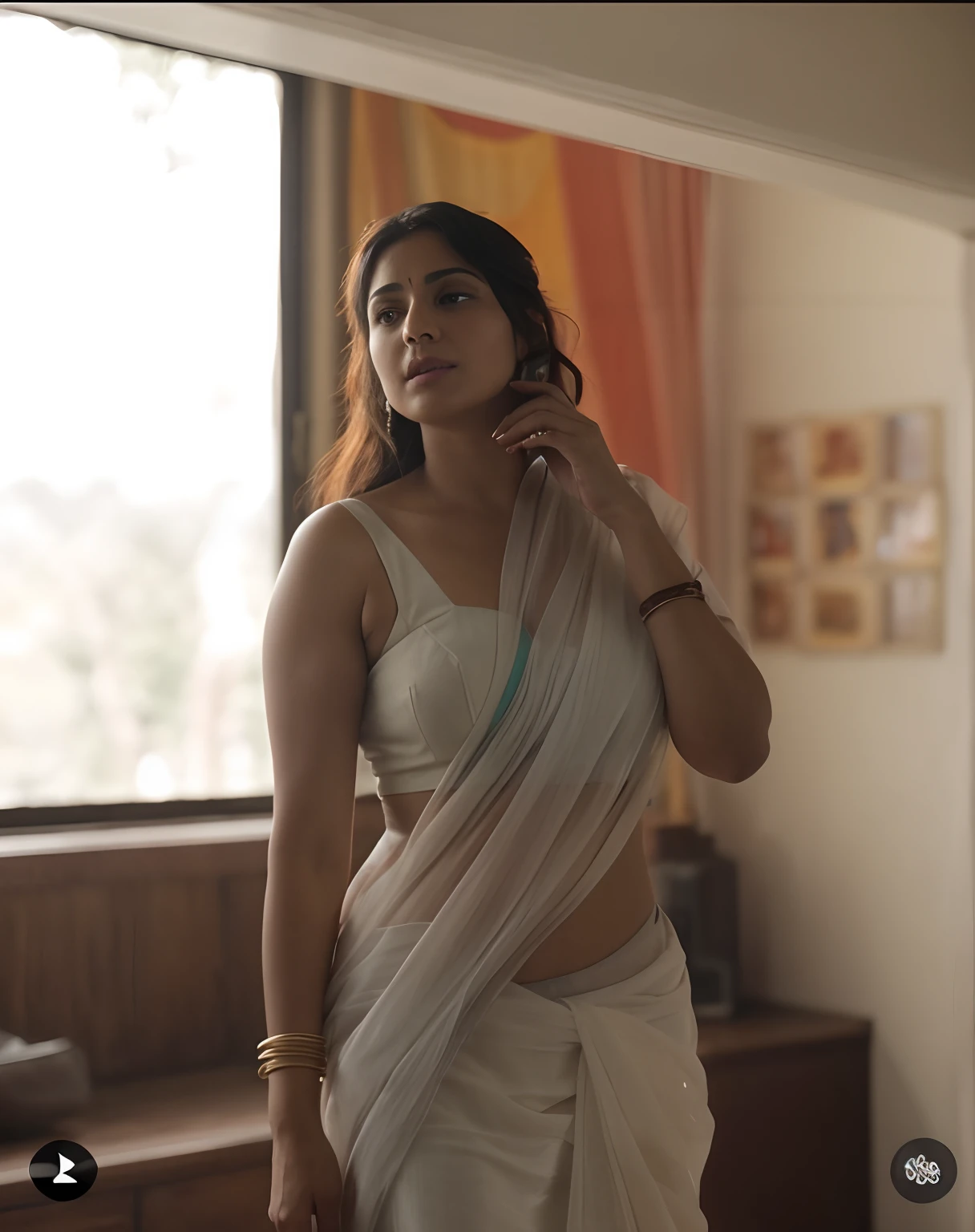there is a woman in a white sari talking on a cell phone, still from a movie, cinematic goddess shot, still from the movie, film still from the movie, shot from movie, a still of an ethereal, still shot from movie, cinematic goddess body shot, still from movie, still from the film, film promotional still, an film still, deep navel, navel