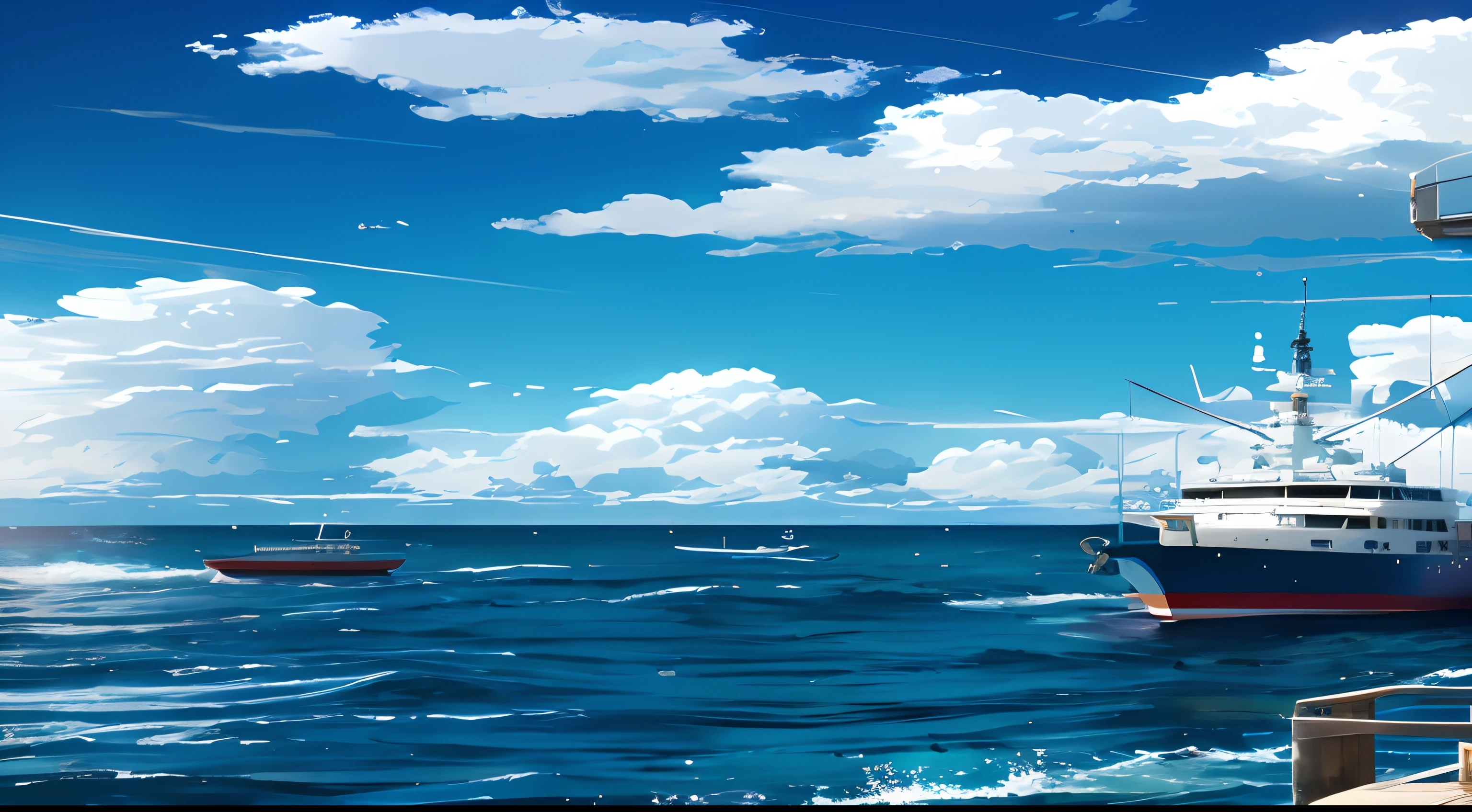 There are two boats in the water near the pier, Blue Sea. makoto sinkai, detailed scenery —width 672, wallpaper anime blue water, Иллюстрация обоев 4 K HD, style of makoto shinkai, 4 k hd illustrative wallpaper, makoto sinkai. —h 2160, in style of makoto shinkai