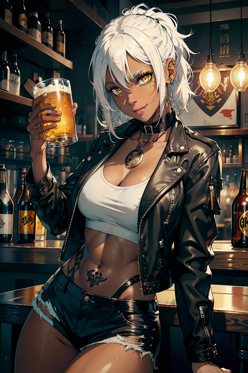 girl, white hair, black skin, yellow eyes, black skin, wears black leather jacket, white shirt, short jeans in a bar, holding a beer mug, tattoed arm, ,smiling, biker gang in the background, alcohol, face drunk, 4k, good anatomy, play master, detailed face, whin