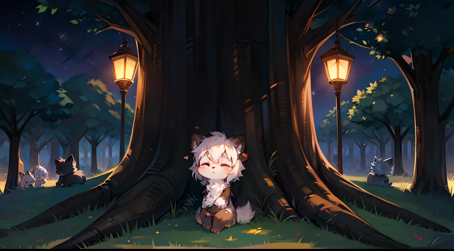 Furry mascot,Lovely image,A black cat,ember, Cute little animals fluffy,Furry Fur,Cute little animals,Fluffy tail,White hair,Sitting alone under a tree,leaning against the tree trunk,On the lawn of the park,Cubs,is in night,nigh sky, stars,Close-up of cute characters,eye closeds,Sleepy,Put your hands behind your head